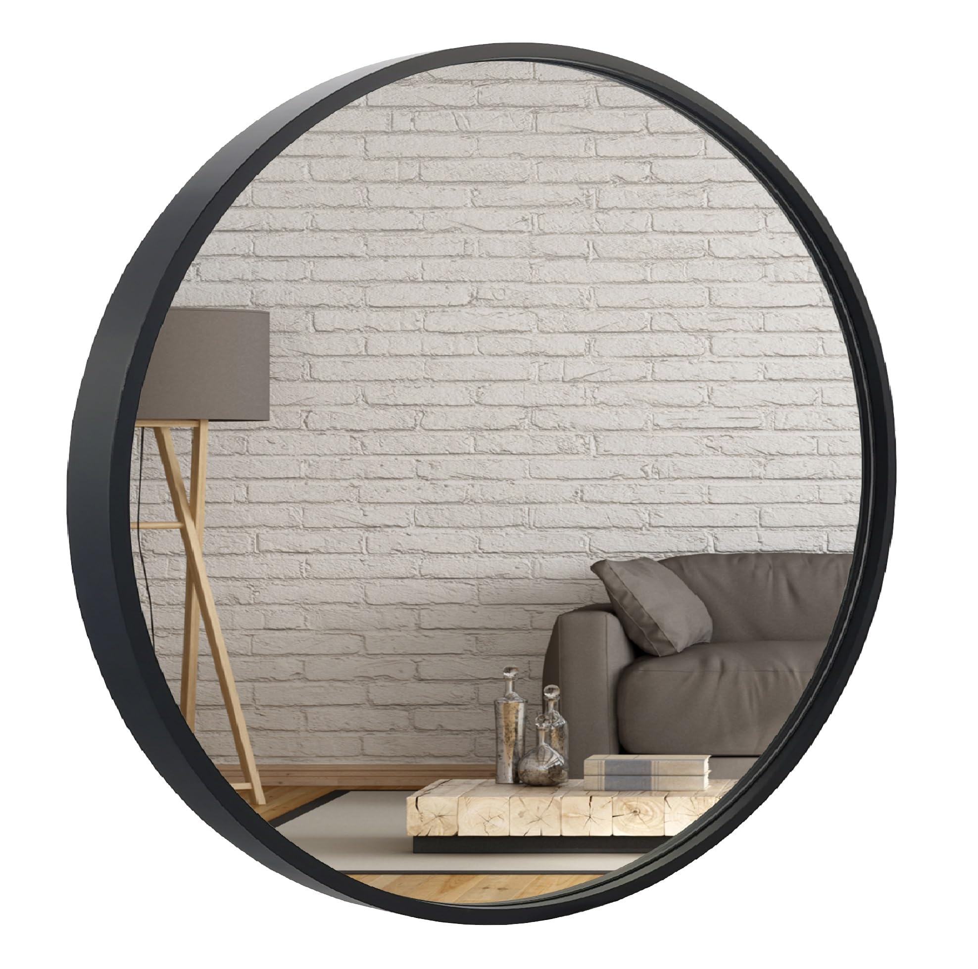 BD ART Espejo Redondo Moderno de Pared, diámetro 59 cm, Marco de Madera, Color Negro