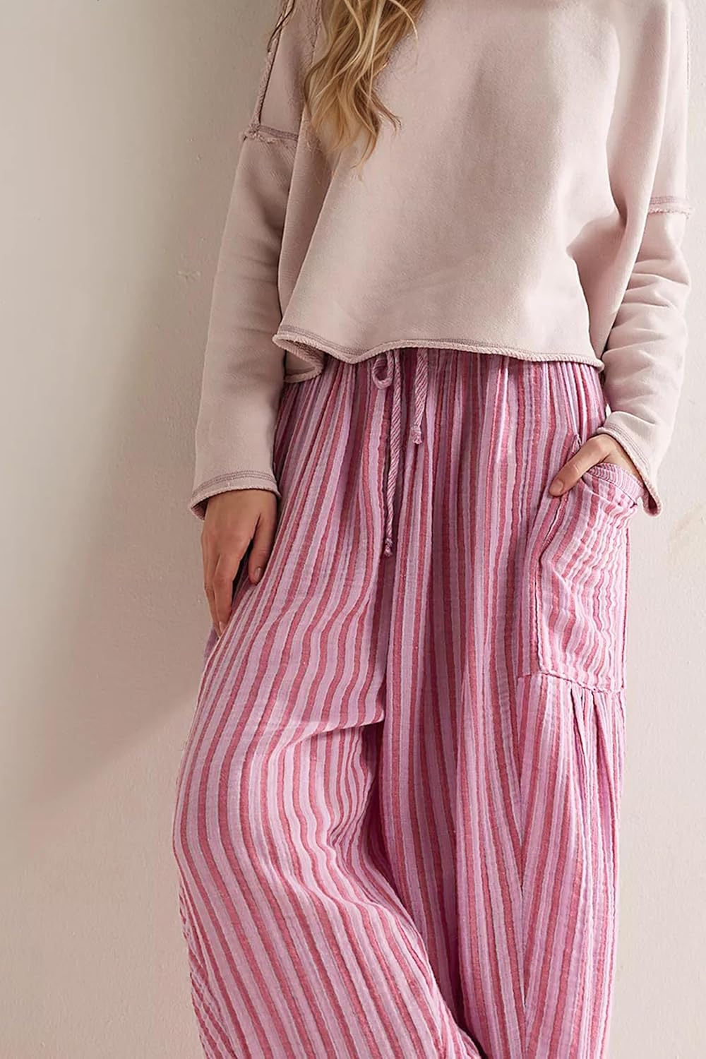 MISSACTIVER Women Summer Striped Harem Pants Flowy Baggy Casual Wide Leg Trousers Drawstring Boho Palazzo Pants with Pockets - Image 2