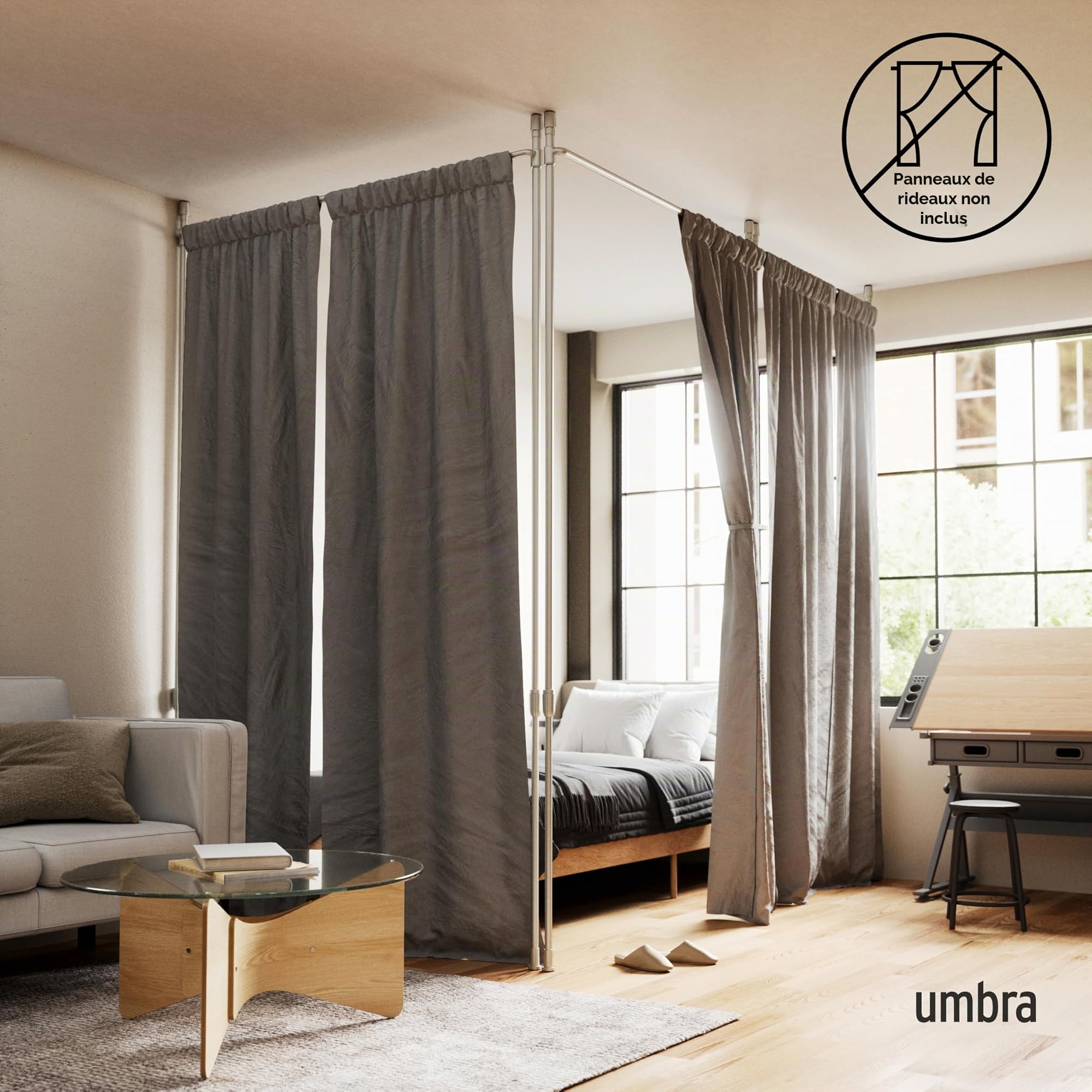 Umbra Anywhere Rod. Barre à Rideau sans Percage, pour Fenêtre Ou Séparation de Pièces, Téléscopique en Largeur et Hauteur. Métal Coloris Nickel