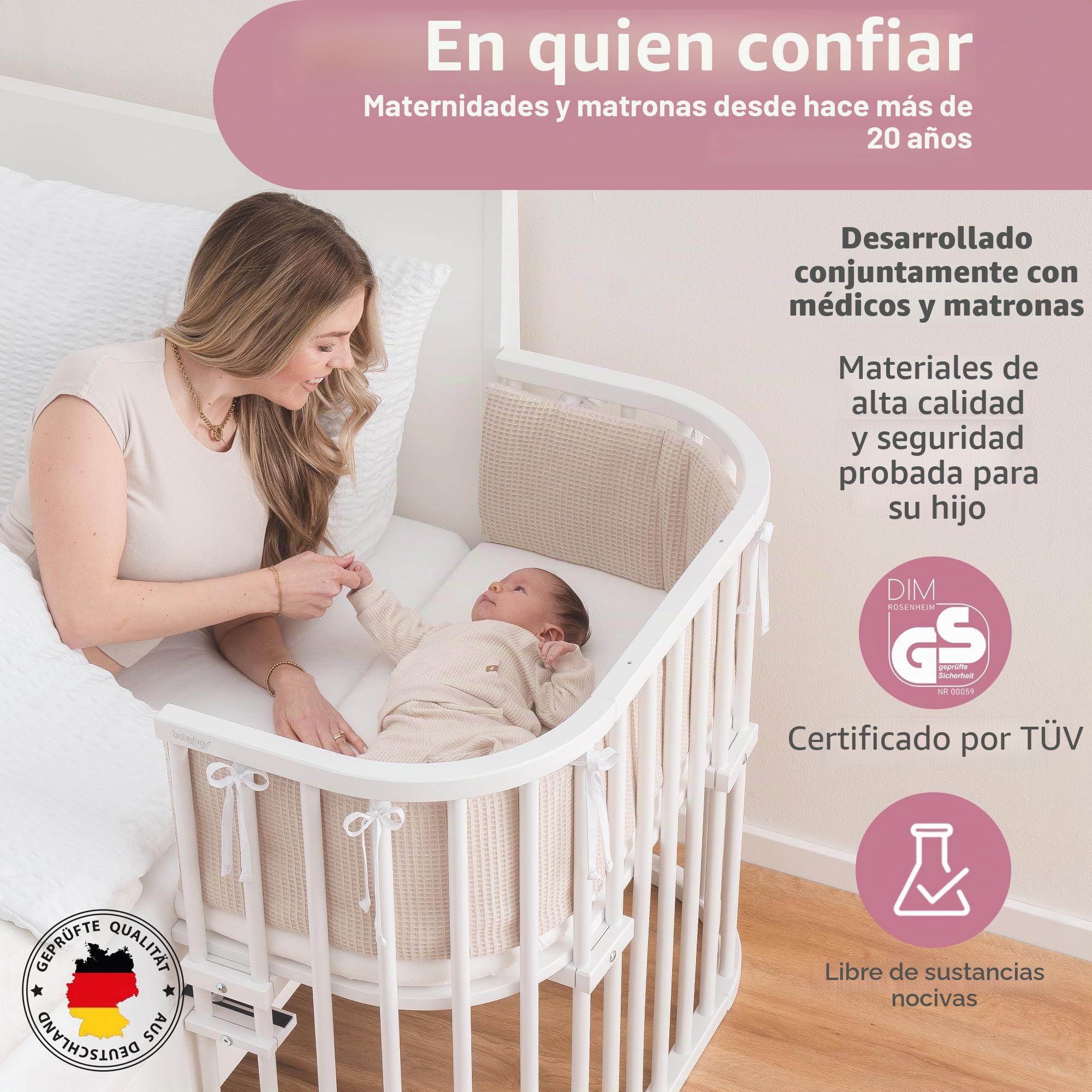 Babybay Maxi cuna colecho de madera de haya maciza con colchón Classic Soft para el día y la noche/Cuna regulable en altura & ecológica/Cuna que crece con el niño