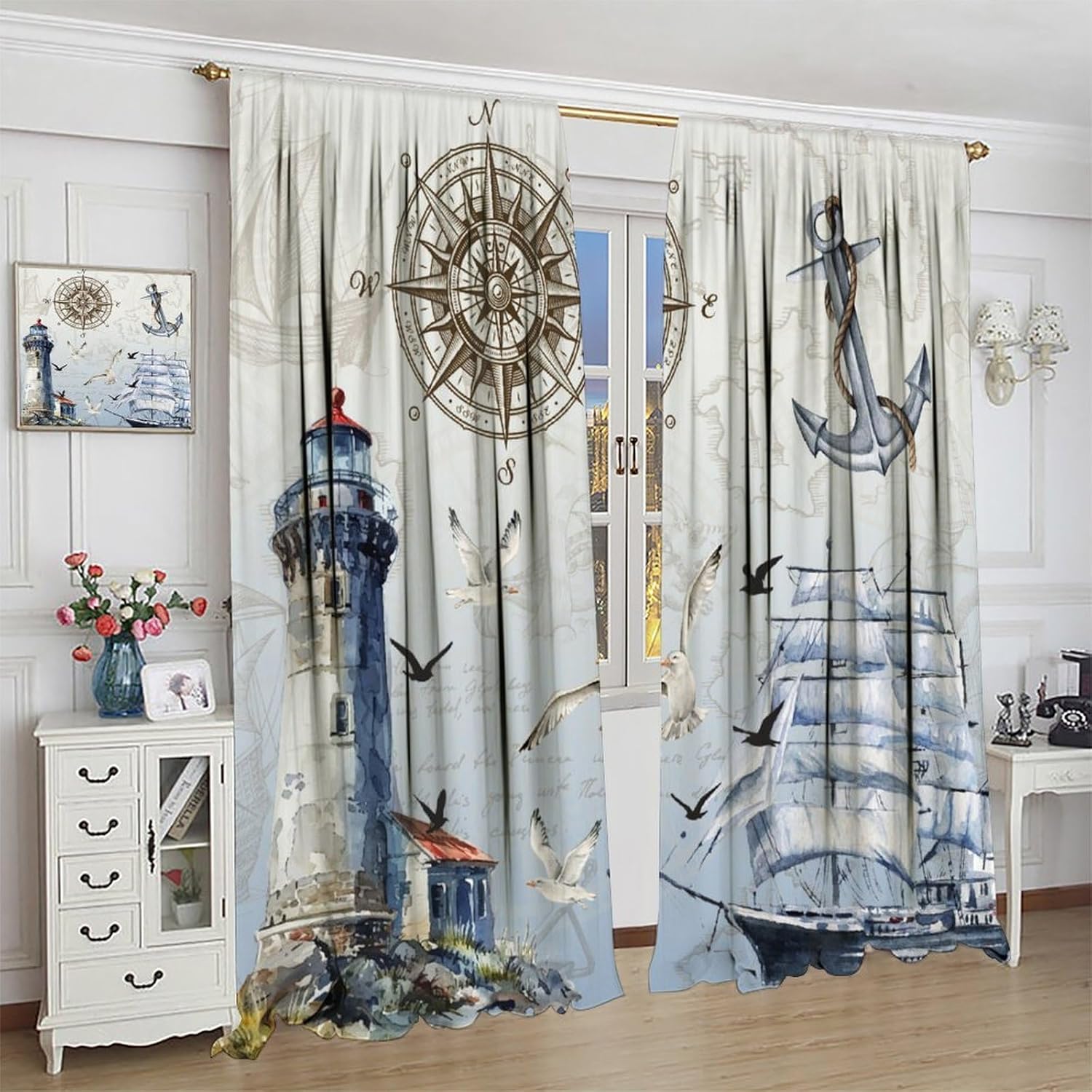 Nautical Lighthouse Curtains, Coastal Ocean Beach Vintage Sailboat Old Maps Sea Gulls Blackout Window Curtains for Kids Boys Teens Bedroom Livingroom, 42" W X 63" L