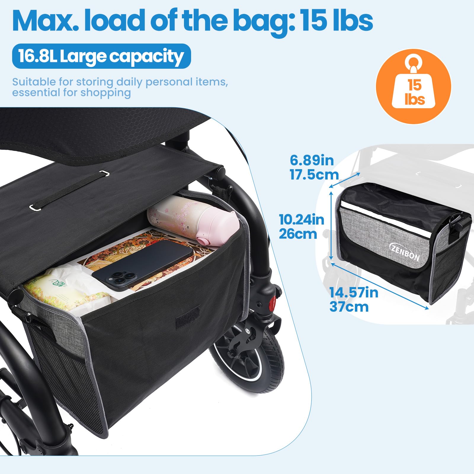 Andador Plegable de Aluminio con Asiento: Andador para Ancianos Adultos Ligero y Plegable de Viaje Altura Ajustable con Soporte para Bastón y Bolsa de Compra Extraíble (Negro)