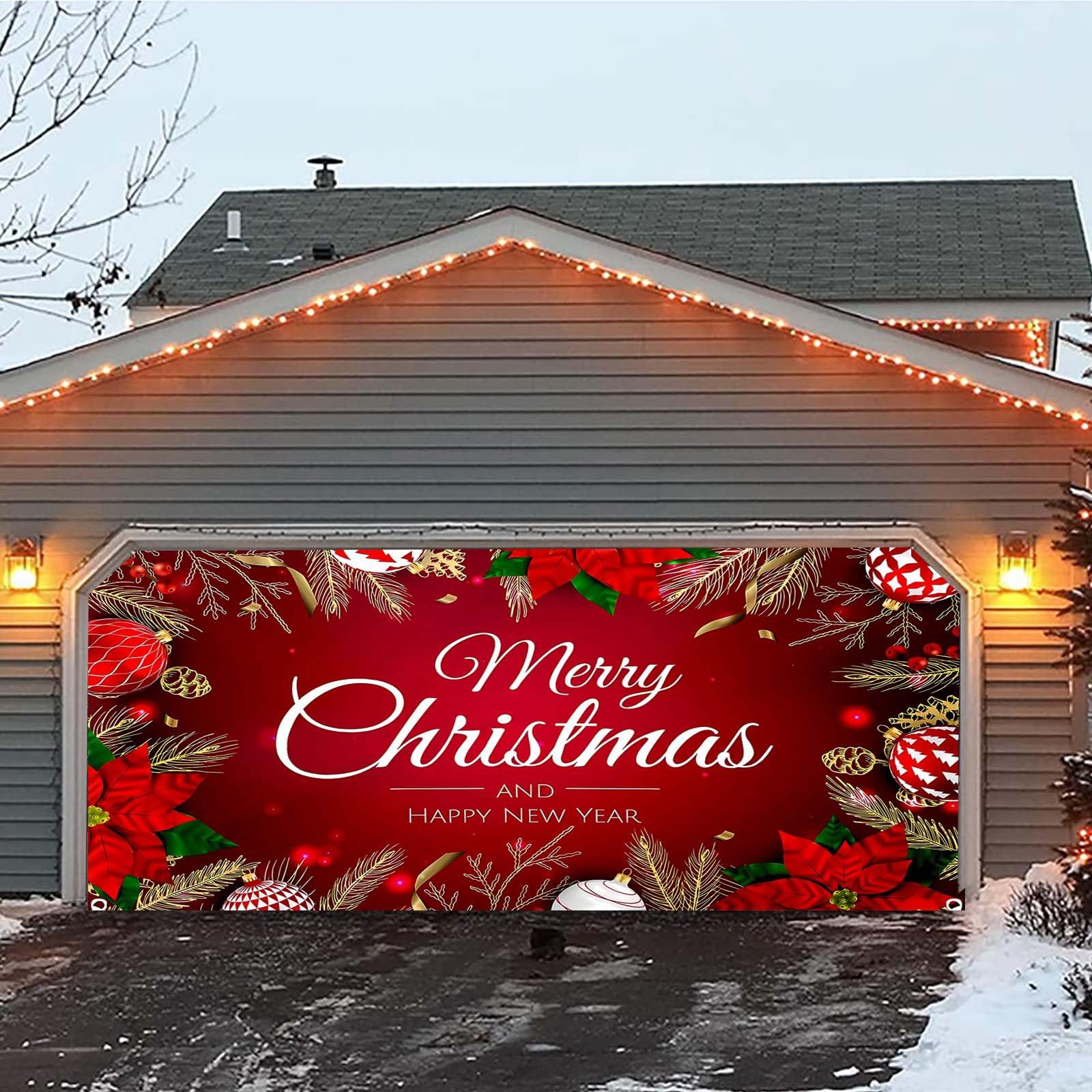 Letreros de Navidad para decoración de puerta de garaje, pancarta de Navidad para puerta de garaje, cubierta mural de 7 x 16 pies, letrero grande de feliz para vacaciones