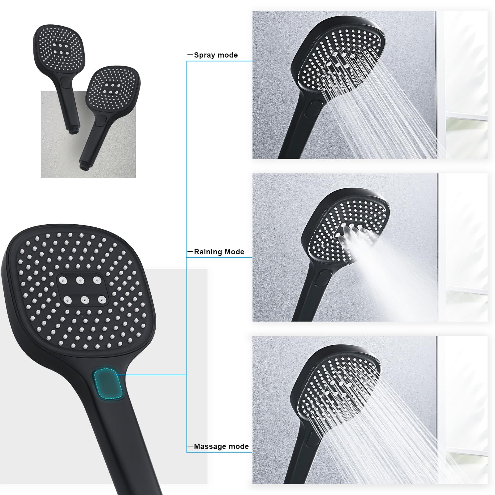 PHASAT Grifo para Borde de Bañera de 3 Orificio, Grifo de Bañera con Ducha de Mano y Manguera, Mezclador de Latón para Baño Caliente y Frío Ajustable Negro Mate PTBB20E