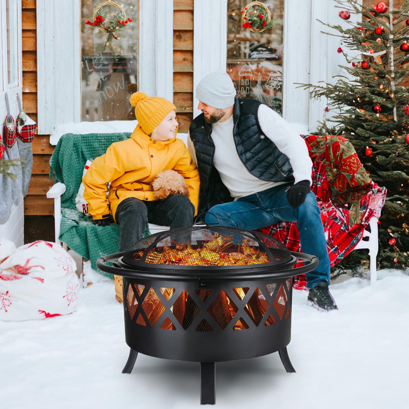 TLSUNNY Feuerschale, Feuerschalen für den Garten, Ø 81cm Feuerschale mit Funkenschutz und Schürhaken, Feuerkorb mit Grillrost(Ø 58cm), BBQ Feuerstelle Outdoor, für Gartengrills, Campingheizung, Groß