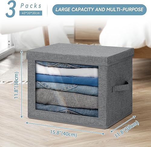 Miniatura 9 de Contenedores de almacenamiento plegables grandes con tapas, paquete de 3 cajas de almacenamiento plegables transparentes con asas, cubos de