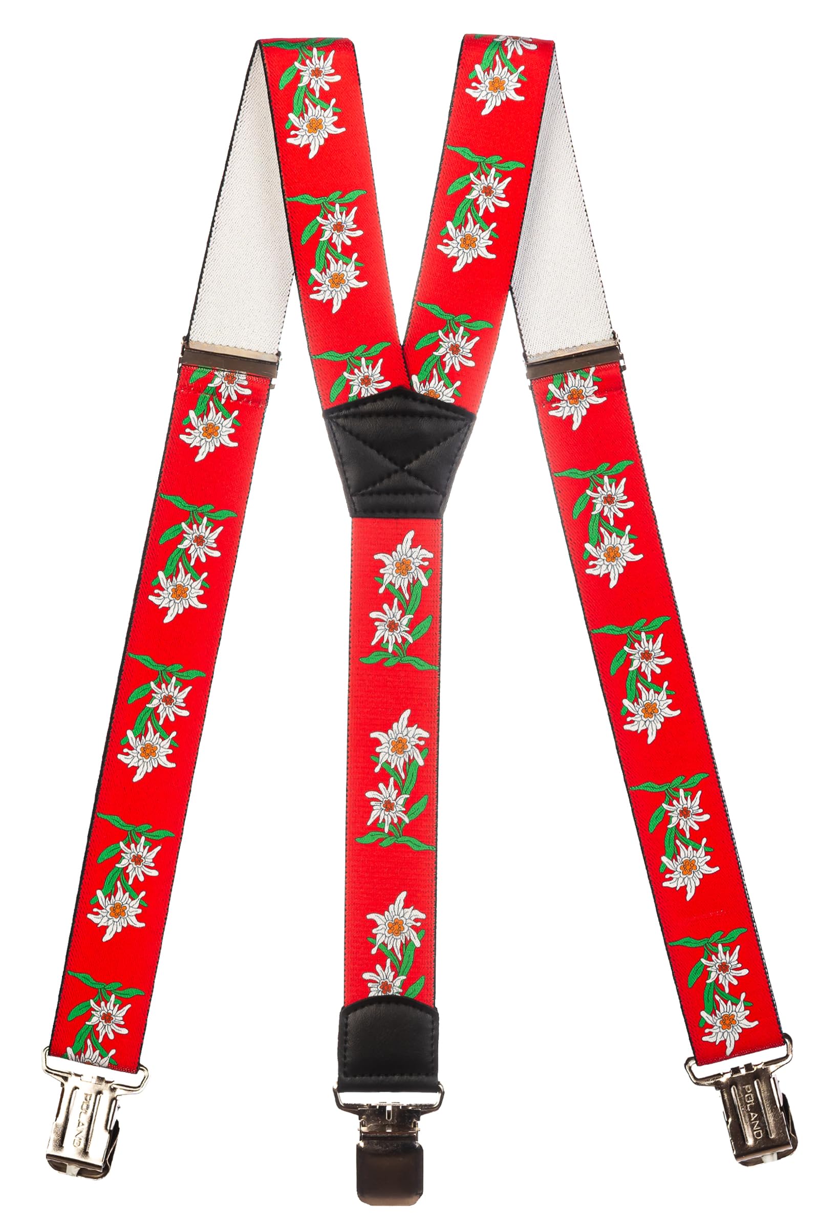 Olata Men's Heavy Duty Printed Y-Shape Braces/Suspenders with Edelweiss Pattern, 4cm - Red