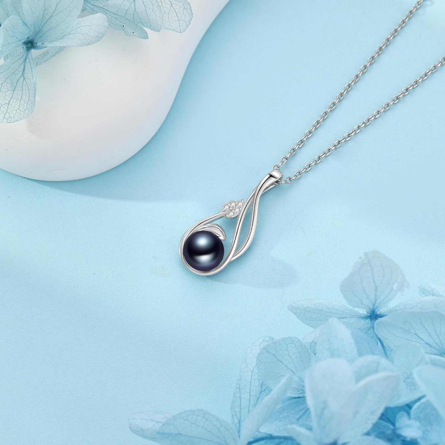 Black Pearl Necklace 925 Sterling Silver Leaf Black Pearl Pendant Necklace Infinity Pearls Jewelry for Women - Image 3