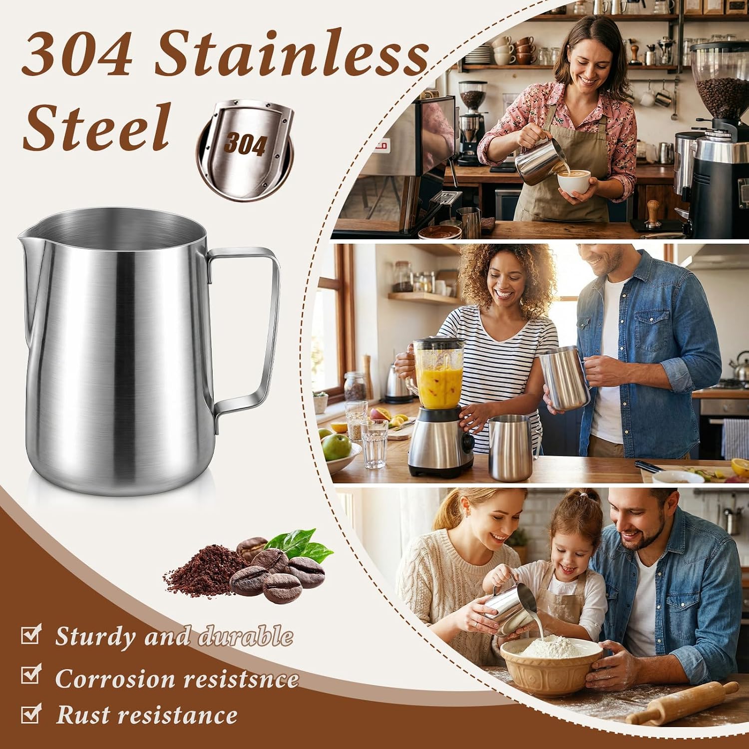 2 Pack Stainless Steel Pitcher 34 oz / 1 L Beverage & Water Pitcher with Handle and Pour Spout Heavy Duty Metal 4 Cup Milk Frothing Jug for Iced Tea Coffee Milk Juice Restaurant and Home Use