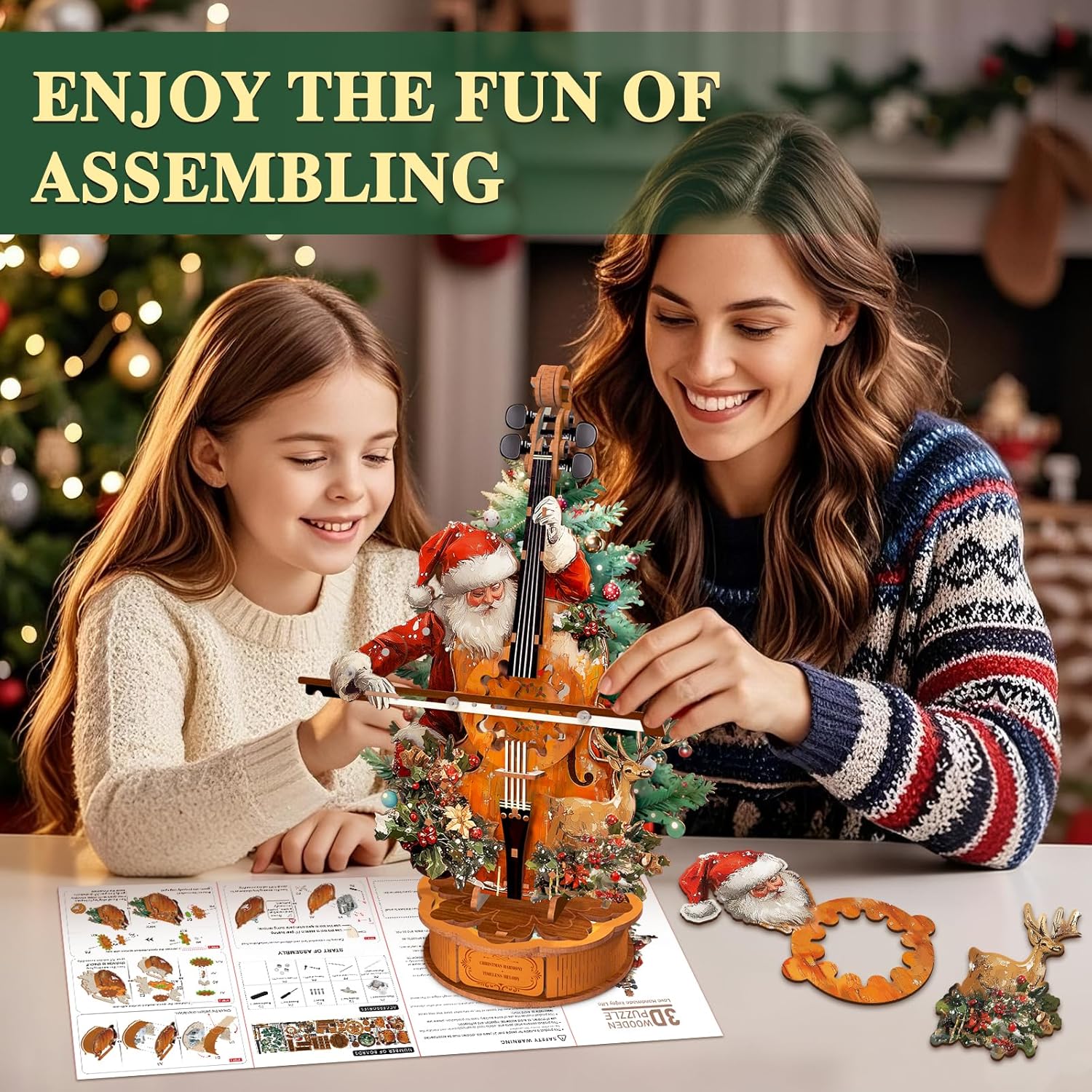 WOODBESTS 3D Wood Puzzles for Adults, Mechanical Music Box-Christmas Concerto Cello, DIY Rotating Model Building Kits for Teens, DIY Crafts/Desk Decor/Hobbies Creative Gift for Boys Girls