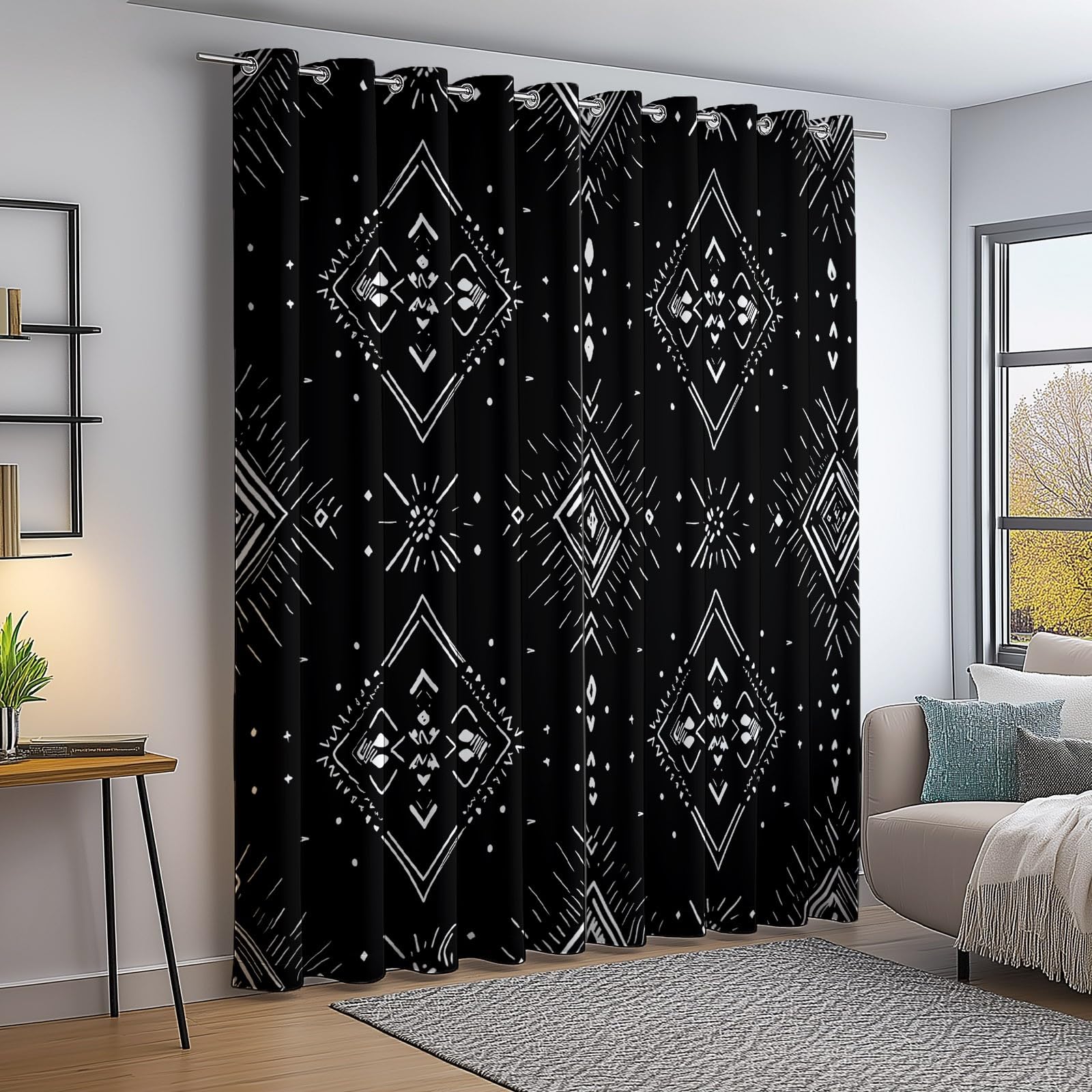 Géométrie Tribale Minimaliste Rideaux Longs 140L X 260H cm (2 Panneaux), Tissu Occultant Thermique pour Baie Vitrée, Noir