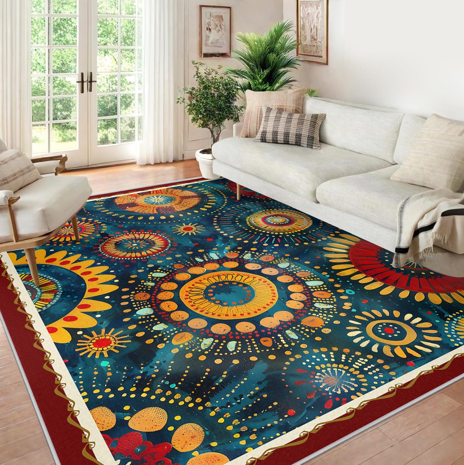 Dywaniki o wymiarach 160 x 200 cm, zmywalny, styl vintage, etniczny, cienki dywanik do salonu, sypialni, jadalni, vintage, granatowy, kwiatowy wzór kół, dywan podłogowy
