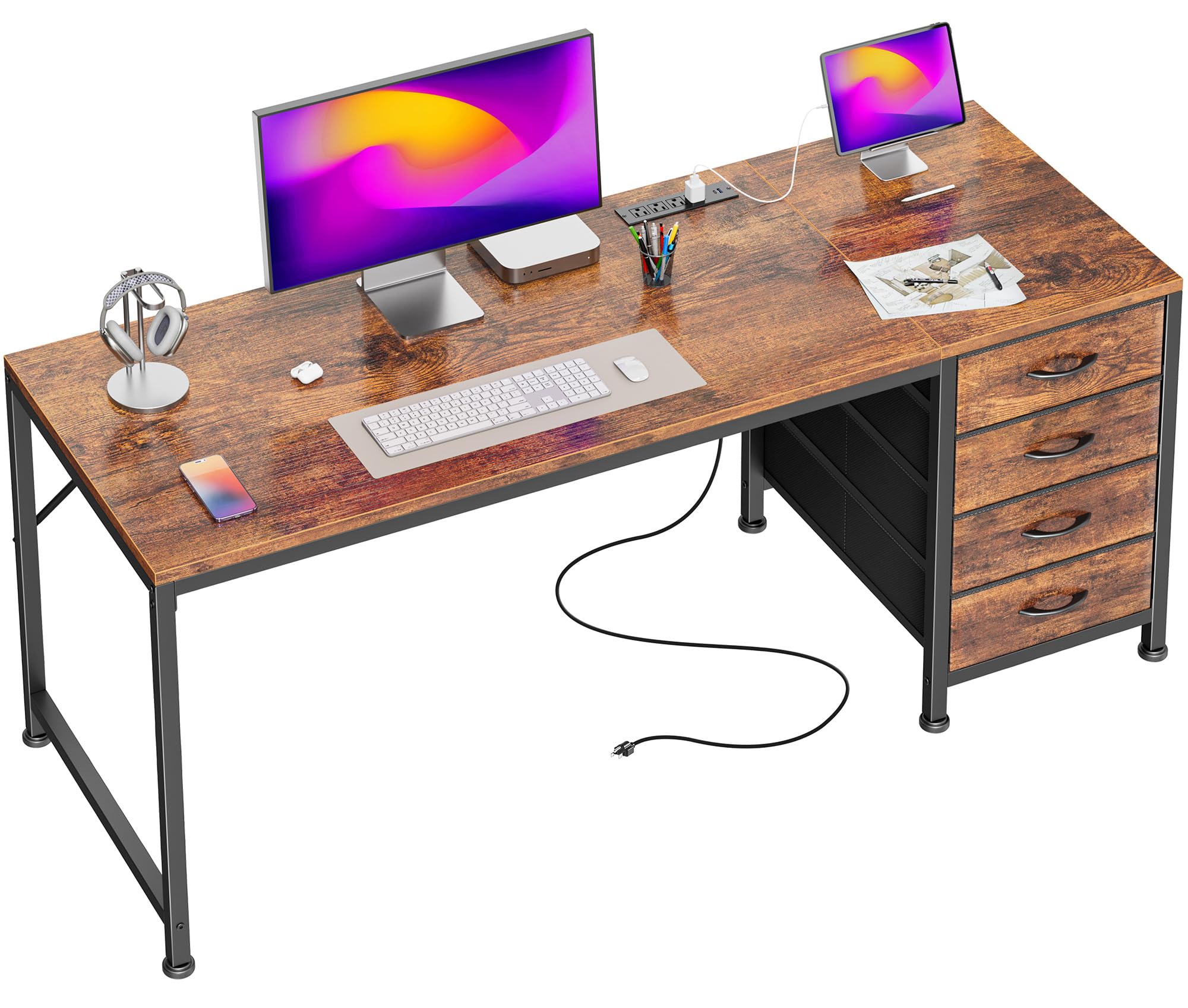 Photo 1 of PRAISUN 55.1 Inch Computer Office Desk with Power Outelts and USB-C Port, Reversible Gaming Desk with 4 Fabric Drawers, Work Study Desk Work from Home, Rustic Brown