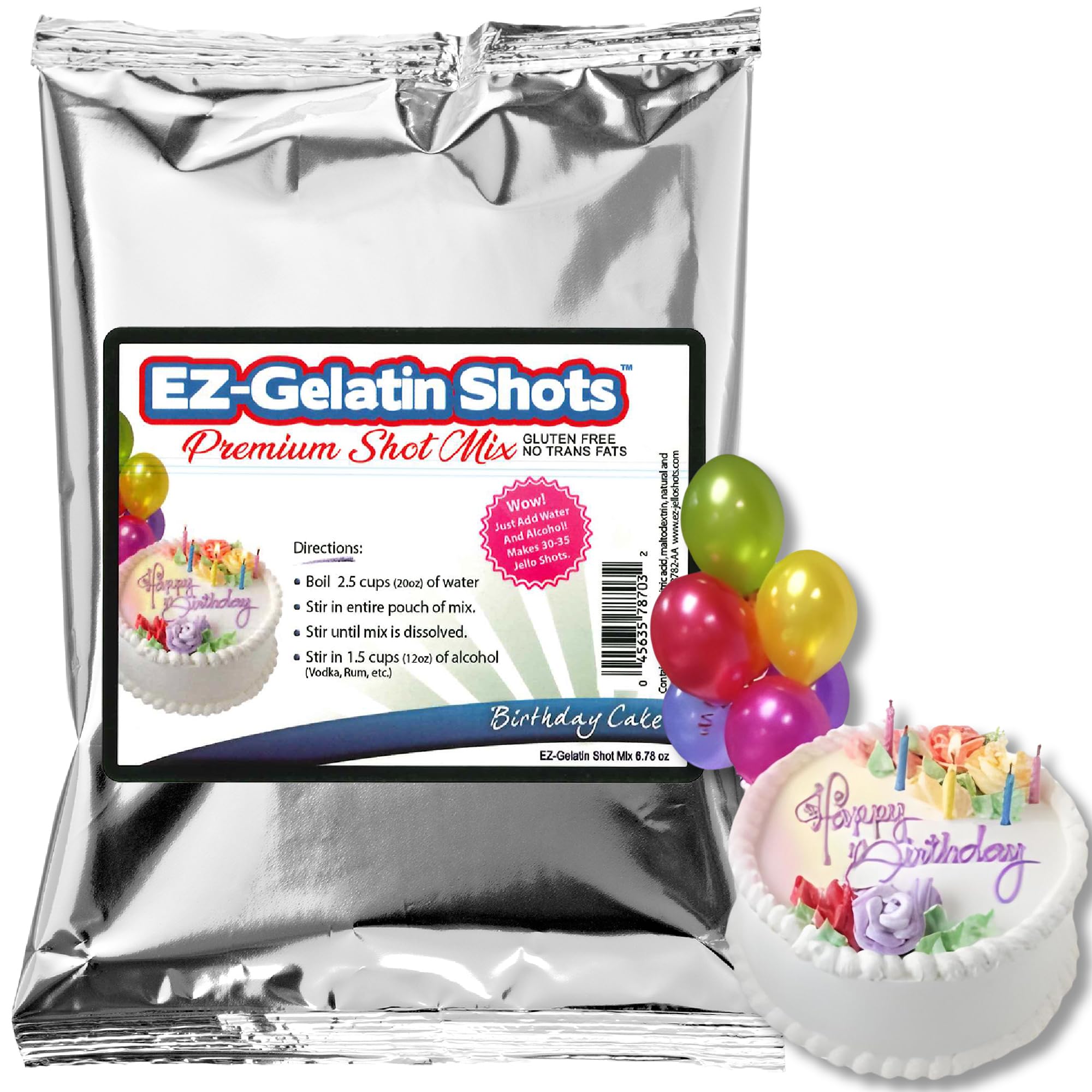 Birthday Cake Jello Shot Mix 6.78 oz - Premium Gluten-Free Jello Mix for Tasty Jello Shots - Easy to Make EZ Gelatin Powder Mix for Jello Shots - Adult New Year and Holiday Party Supplies