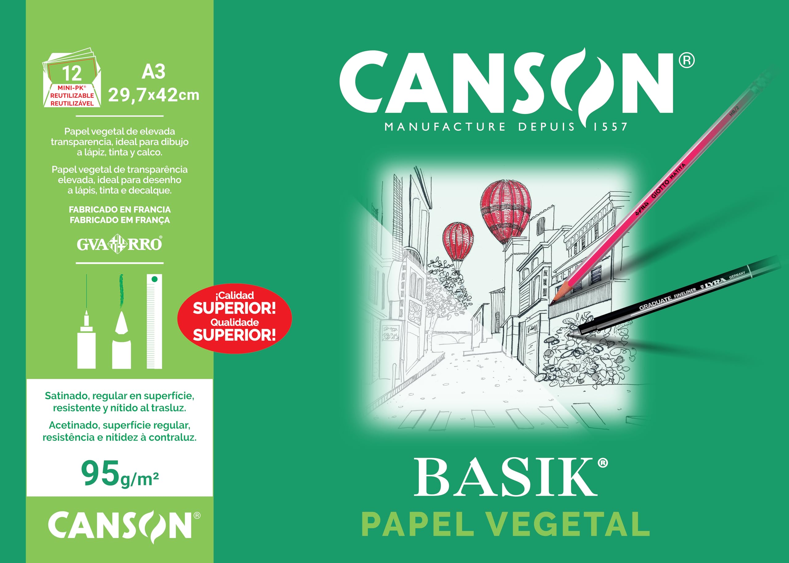 Canson Vegetal Basik, Papeles técnicos, Suave, 90gsm, Minipack, A3-29,7x42cm, Translucido, 12 Hojas