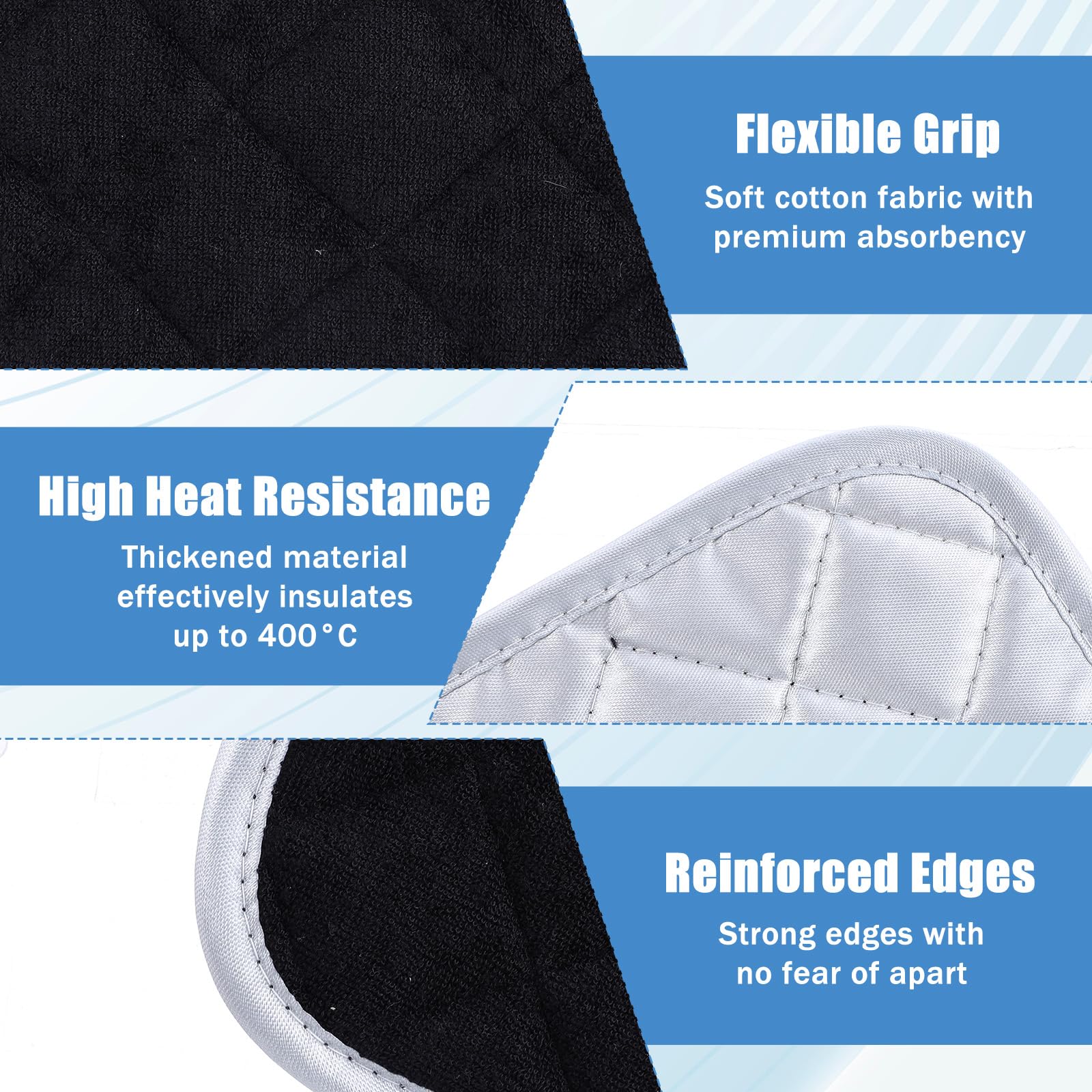 30 soportes de algodón para ollas a granel, guantes de horno resistentes al calor de 7 x 7 pulgadas con trabillas para colgar, almohadillas cuadradas para cocina, hornear (negro)