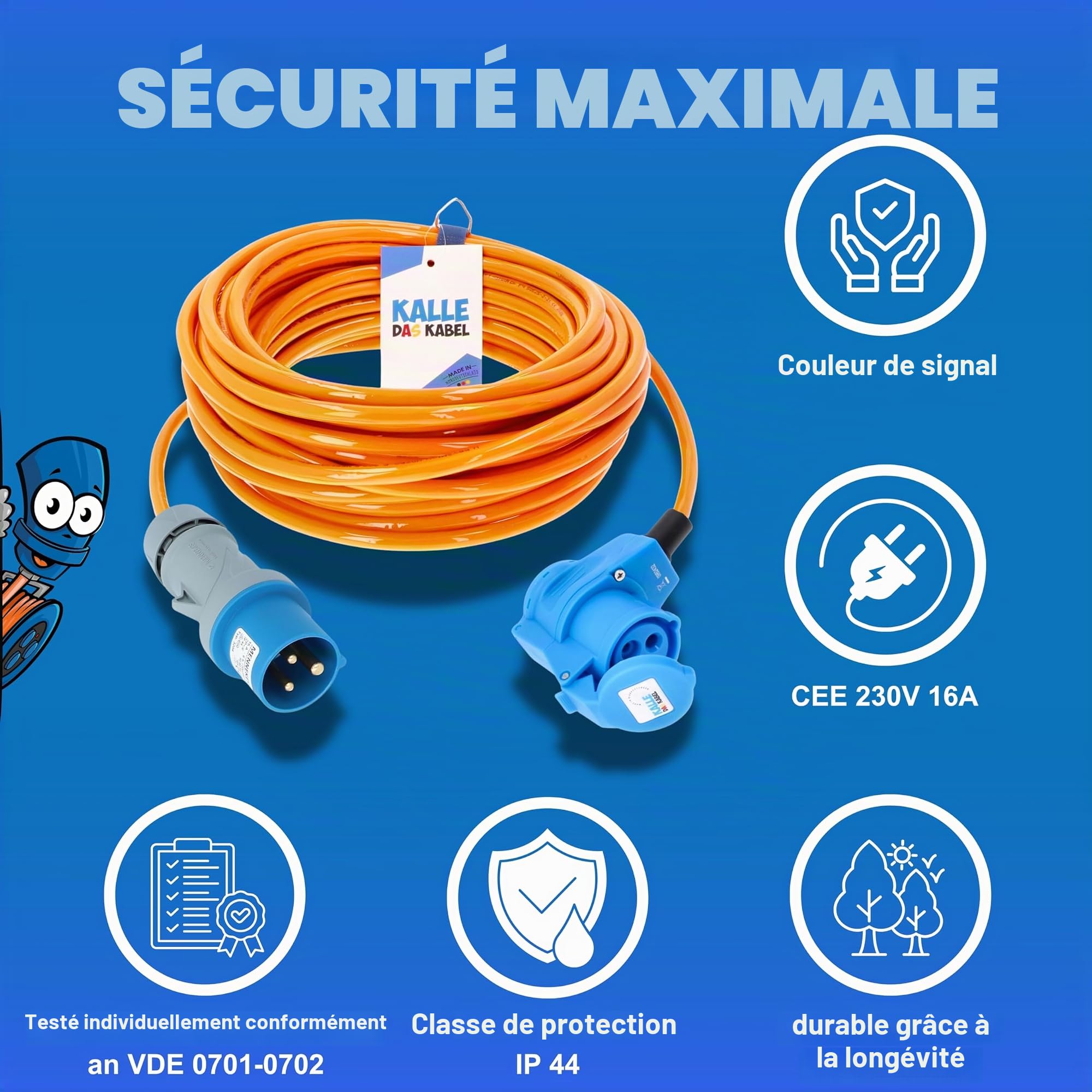 KALLE DAS KABEL Rallonge CEE Kalle Blue Signal - 2,5 mm² - Coudé - Pour industrie, construction, bateau, womo, camping - Câble premium à âme pleine - 20 m