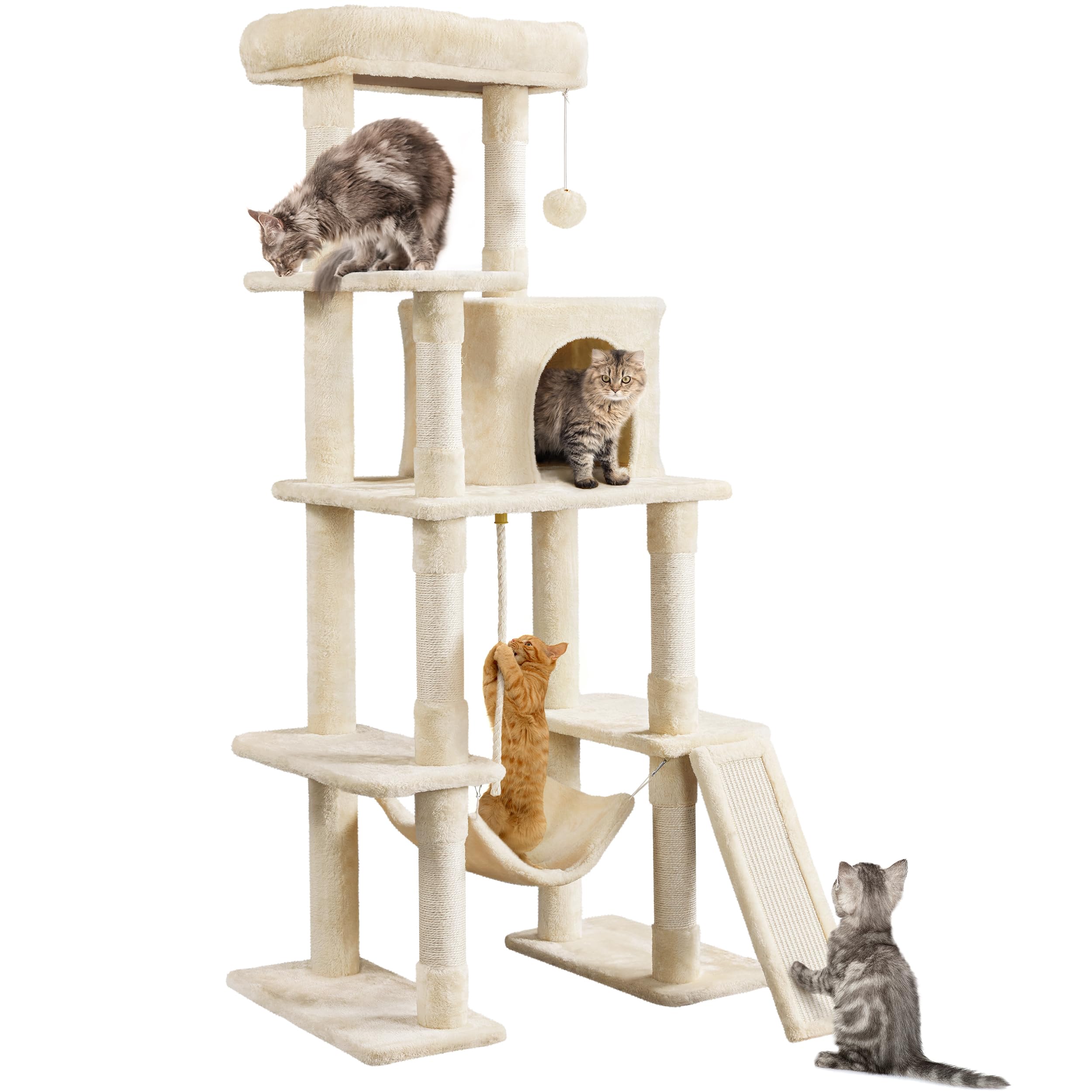 Yaheetech 159cm Cat Tree for Indoor Cats, Multi-level Cat Tower w/Warm Condo, Hammock, and Scratching Ladder for Cats to Sleep and Play
