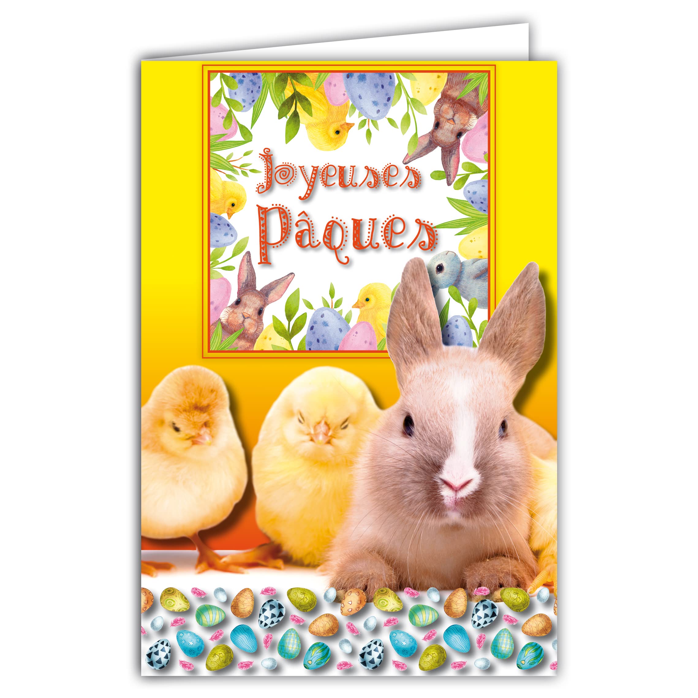 Happy Easter Card Spring Party Rabbit Yellow Chicks Chicken Painted Eggs Animals Illustration Children Youth with Envelope Format 12 x 17.5 cm PEFC Paper 300 g Glossy Made in France 62-1020