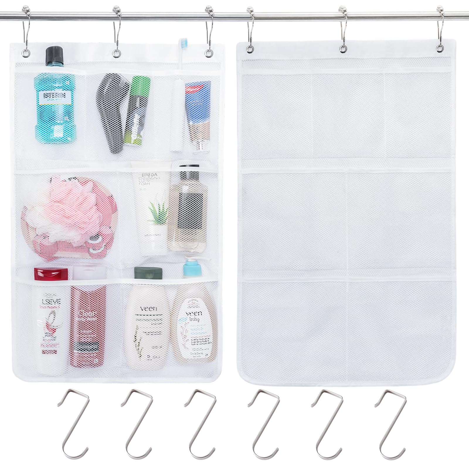 Excellaelite White Hanging Storage Organiser 2 Pcs Over Door Organiser With 7 Mesh Pockets, Hanging Storage Pockets For Closet With 6 Hooks For Wardrobe,Bedroom Toys Clothes Shoes
