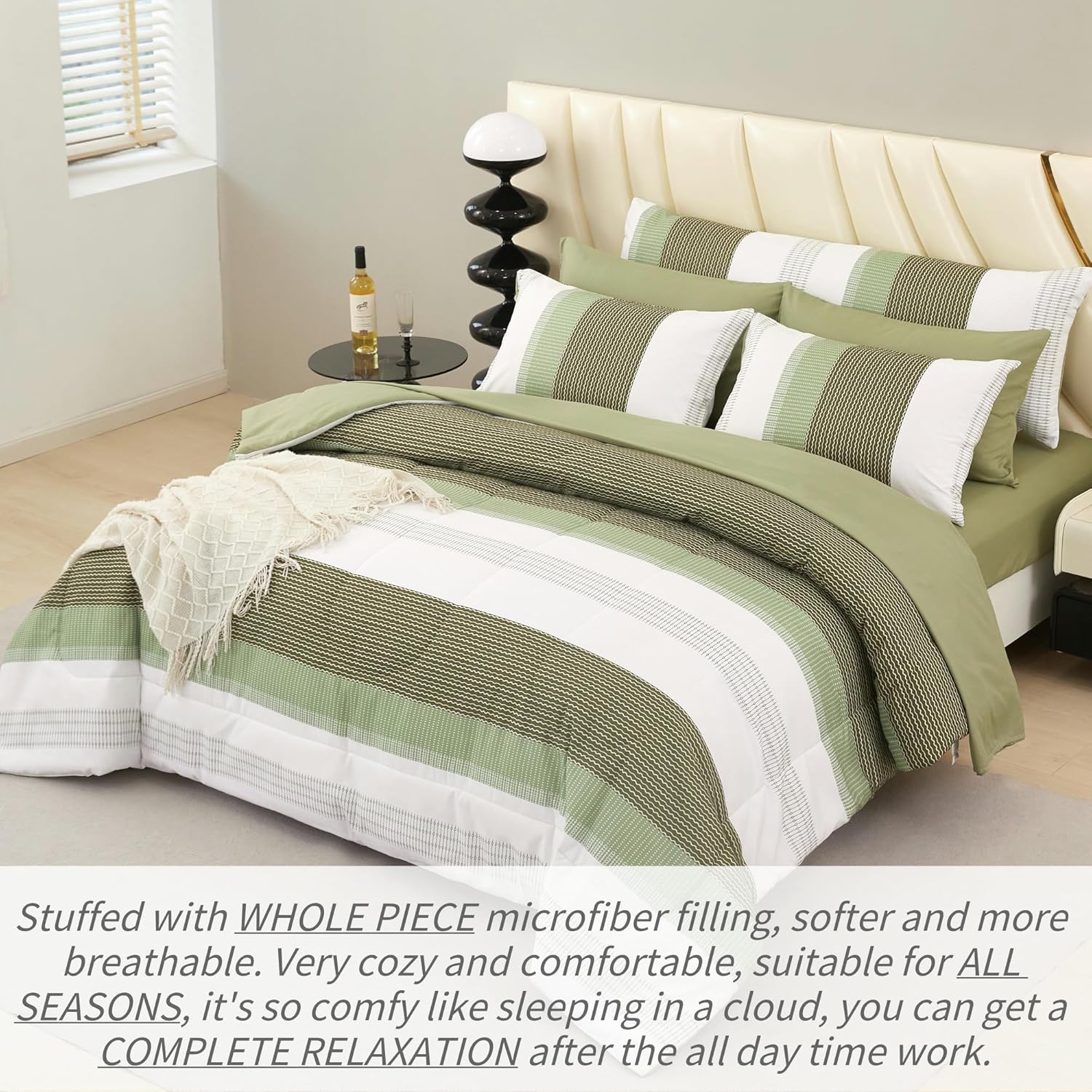 RYNGHIPY Olive Green Striped Bed Sets: 8 Pieces Soft Lightweight Bed in A Bag Queen Size Microfiber Down Alternative Comforter Sets with Corner Loops (Queen,Olive Green) - Image 4