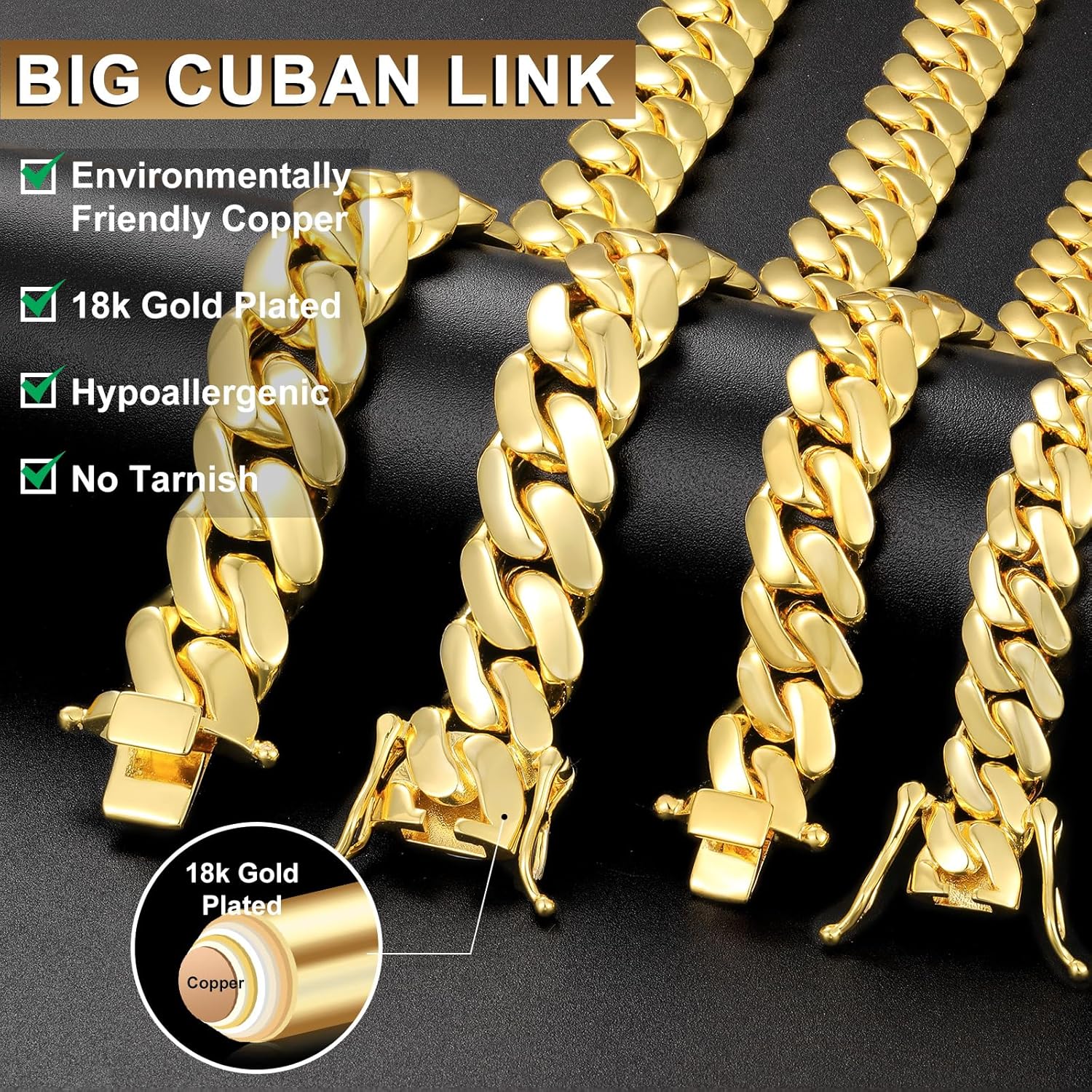 Cuban Link Chain For Men 18k Gold Plated Solid Silver/Gold Chain Men Necklace 10MM/12MM/14MM/16MM Thick Miami Cuban Chain Necklace No Tarnish& Durable Hip Hop Jewelry - Image 6