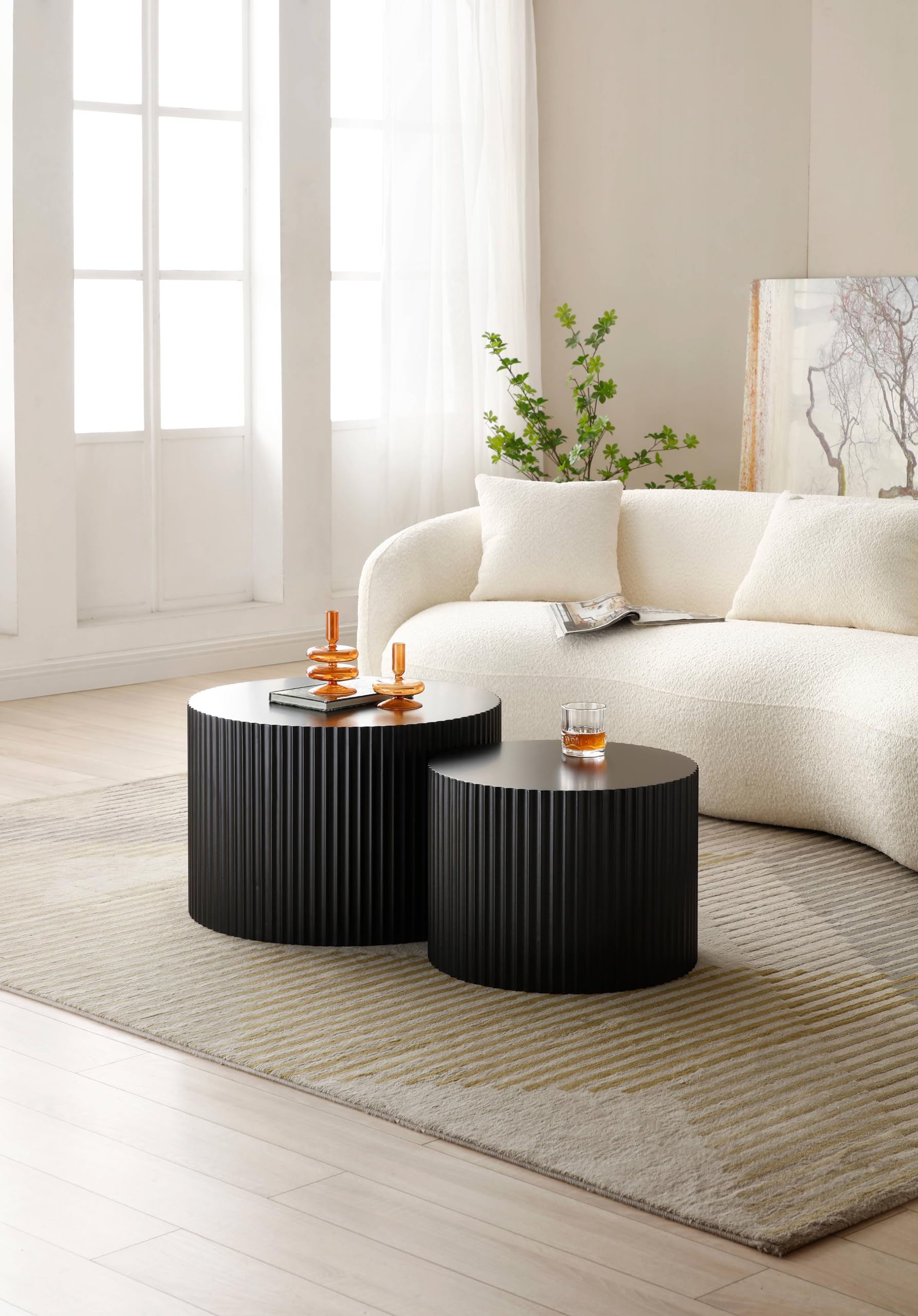 Modern Nesting Coffee Table Set of 2 Round Side Table End Table for Living Room, Wood Circle Drum Coffee Table Contemporary Living Room End Table (