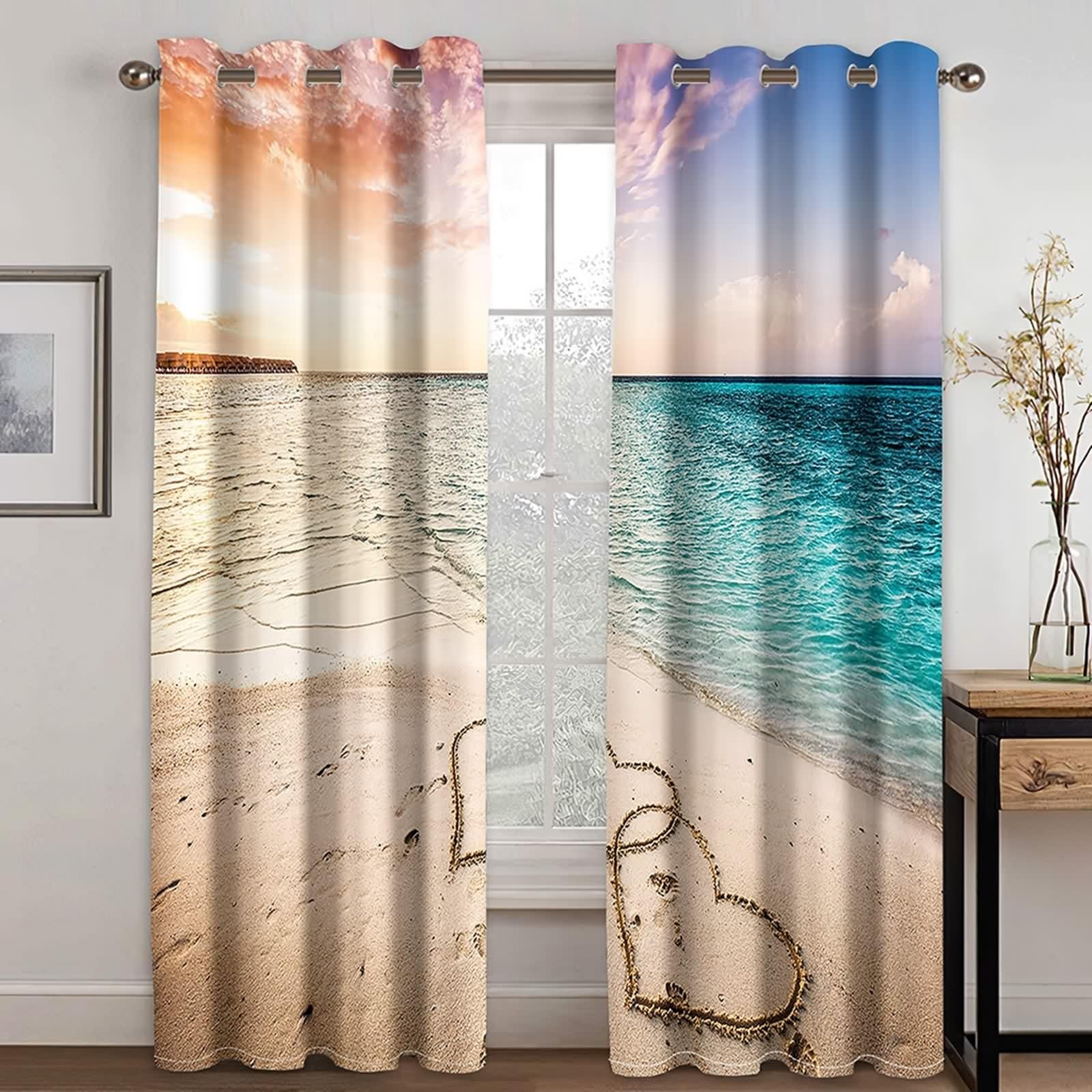 Poliestrowa zasłona zaciemniająca, niebiesko-beżowa zasłona urodzinowa z przeplatanym sercem 137 l x 214 cm, zestaw 2 szt