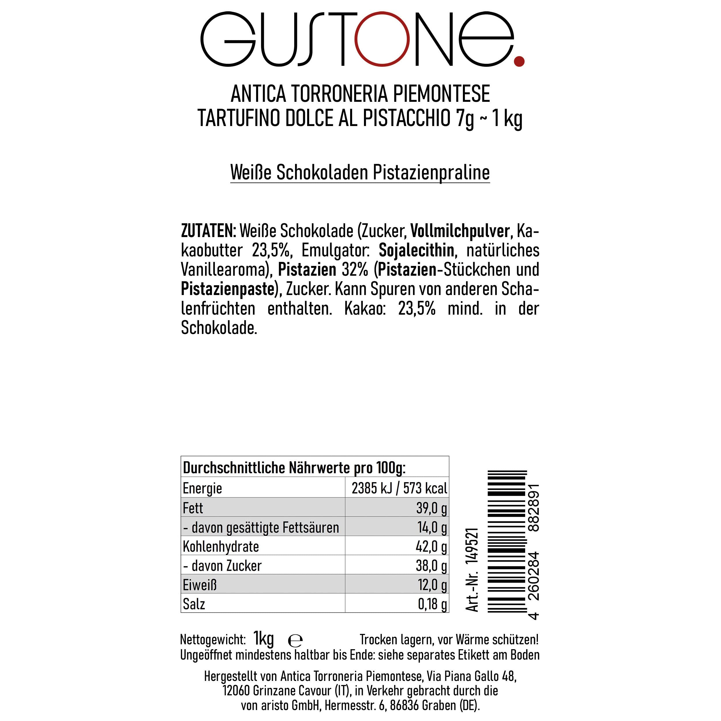GUSTONE. Tartufino dolce al pistacchio (Pistazie) 140 Stück 1kg | 32% Kakao, glutenfrei, Trüffel-Praline, Trüffelpraline, italienische Confiserie-Tradition, einfach lecker