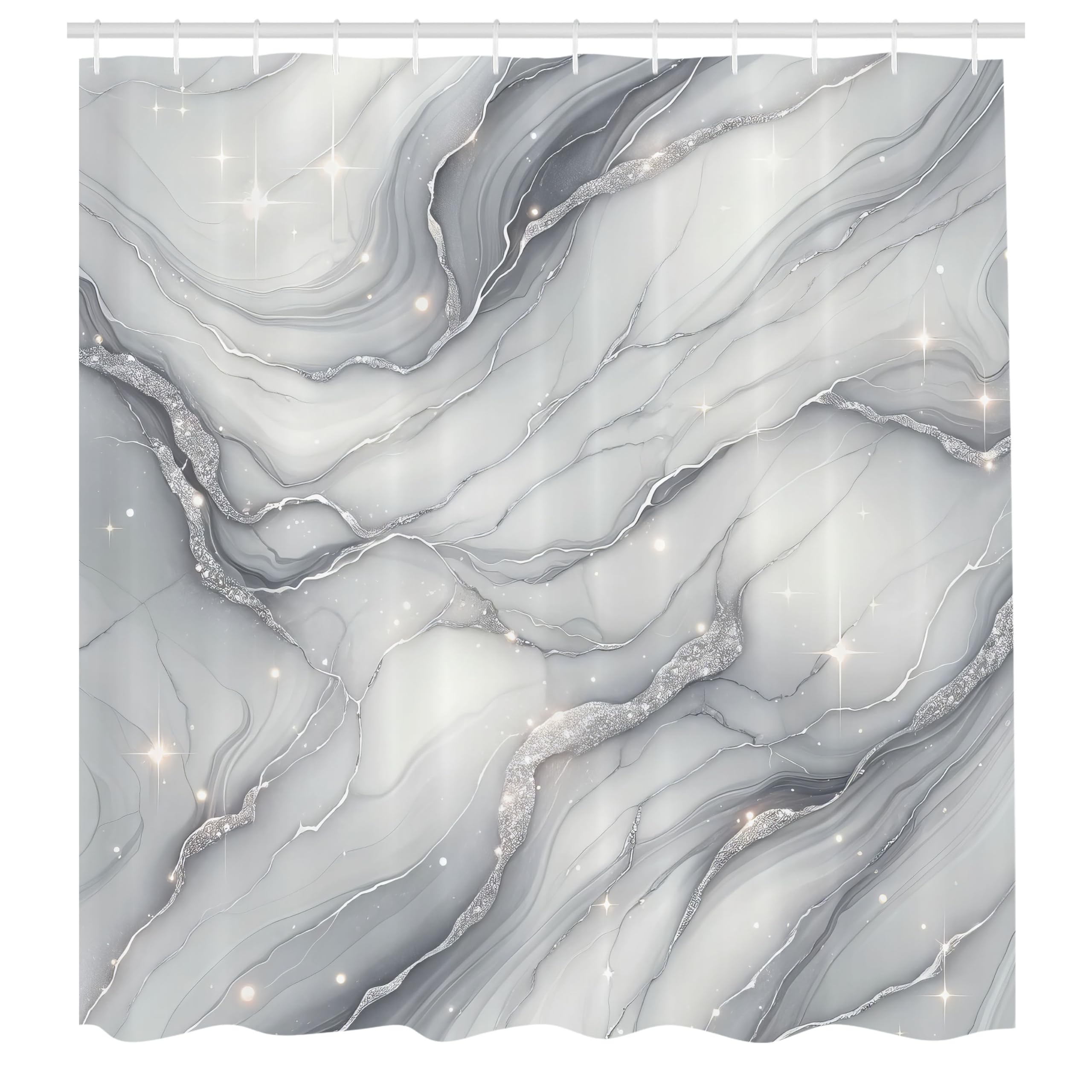 ABAKUHAUS Grey Shower Curtain, Modern Marble Print Star Lines, Cloth Fabric Bathroom Decor Set with Hooks, 175 x 240 cm, Pale Lilac-Blue Pearl
