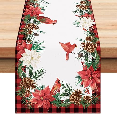 Miniatura 7 de Bonhause Camino de mesa cardenal rojo navideño de 13 x 72 pulgadas, pájaro en rama de pino estacional, invierno, vacaciones, cocina, comedor,