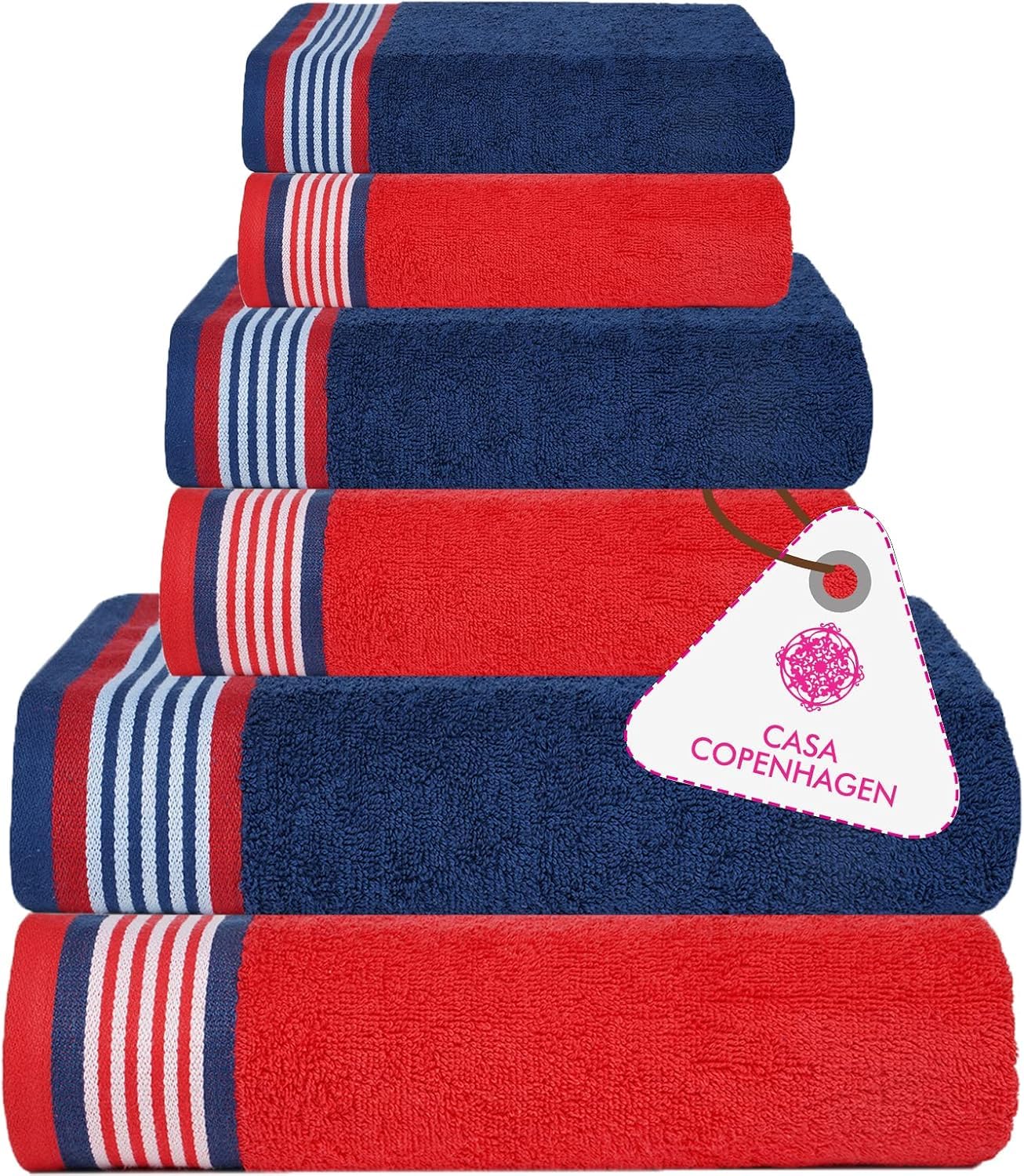 Casa Copenhagen Juego de 6 Toallas de baño 600 gsm-Azul Americano y Rojo | He & She 100% algodón egipcio puro para baño, cocina y ducha: 2 toallas baño, 2 de mano, 2 paños (set regalo mujer y hombre)