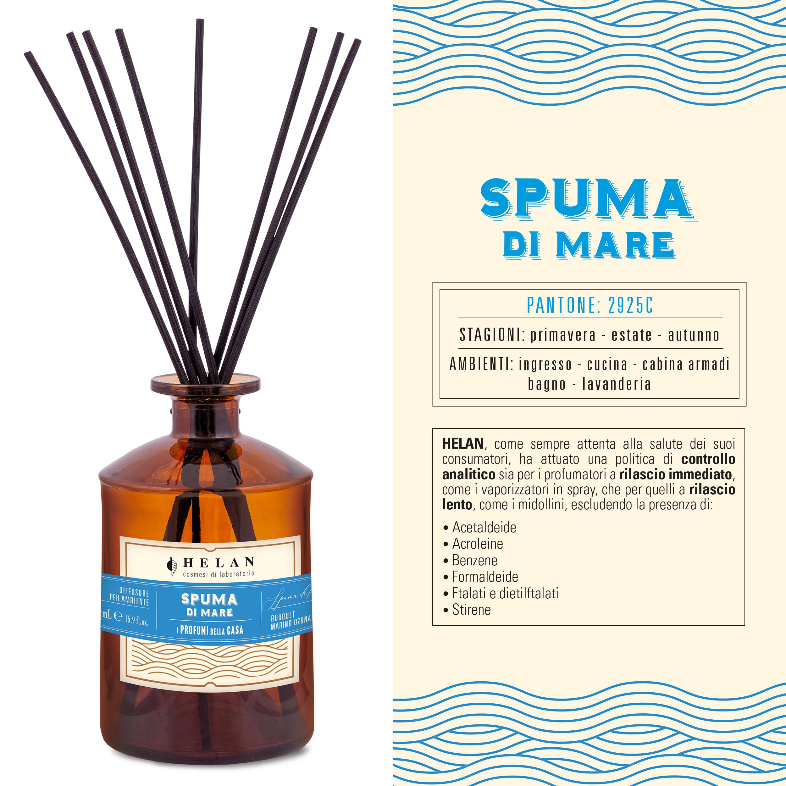 Helan Spuma di Mare odświeżacz powietrza z patyczkami do dyfuzorów z nutami soli morskiej i geranium, pomysł na prezent, odświeżacz powietrza i odświeżacz powietrza, 500 ml, wyprodukowano we Włoszech