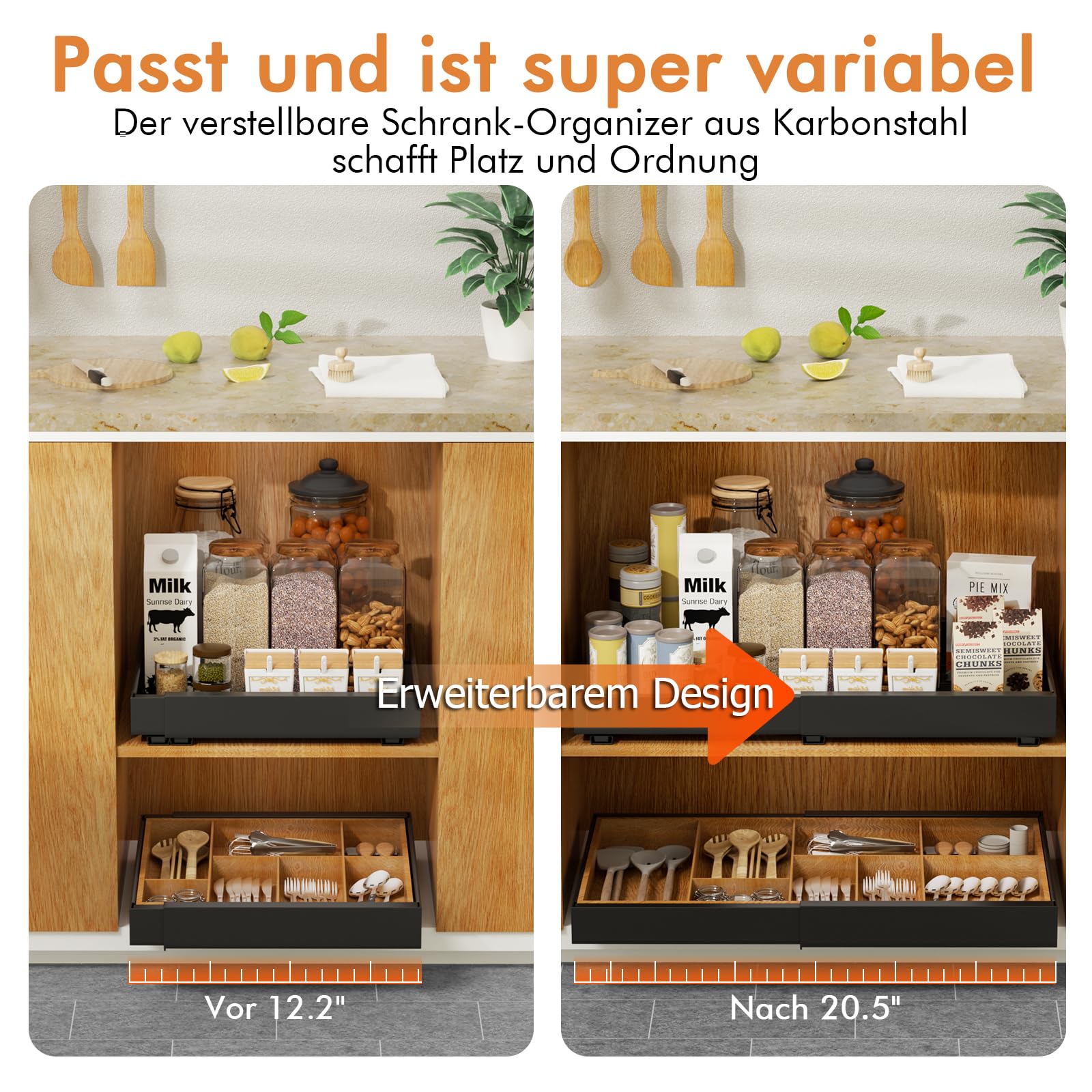 Jayencer Teleskopschublade, Aufklebbare Schublade, Verstellbare Breite Ausziehbarer Schrank Organizer(31-52cm L x 42 cm T x 6 cm H), Schubladen für Küchenschrank Schrank (Schwarz-2 Stück)