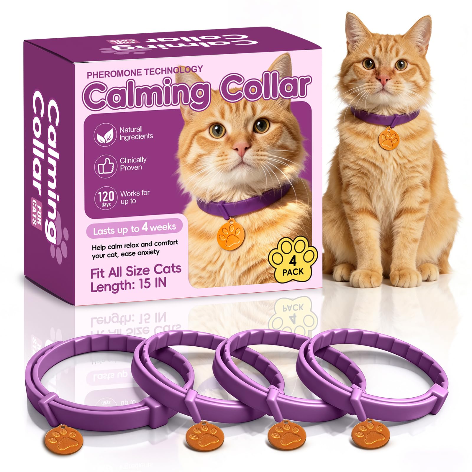 Calming Collars for Cats, 4 Packs Adjustable Calming Cat Collar with Pheromone Scent, with Yellow Gold Pendants, 120 Days Calm Relief for Anxious Cats, 15 Inch, Purple
