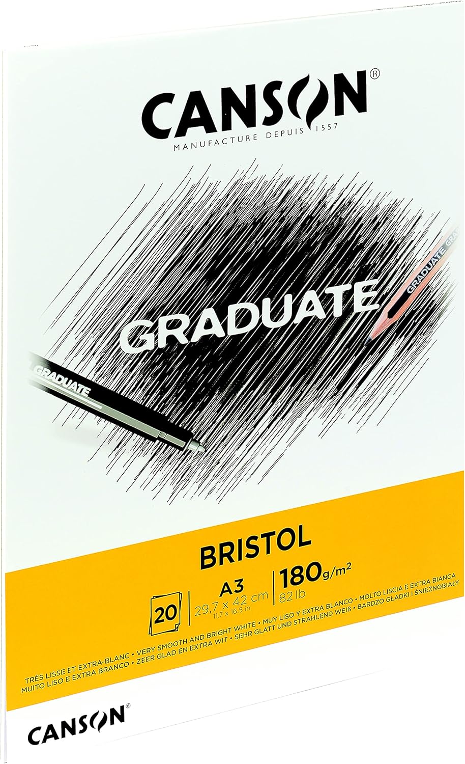 CANSON Graduate Bristol 180gsm A3 Paper, Very Smooth, Pad Glued Short Side, 20 Bright White Sheets, Ideal for Student Artists