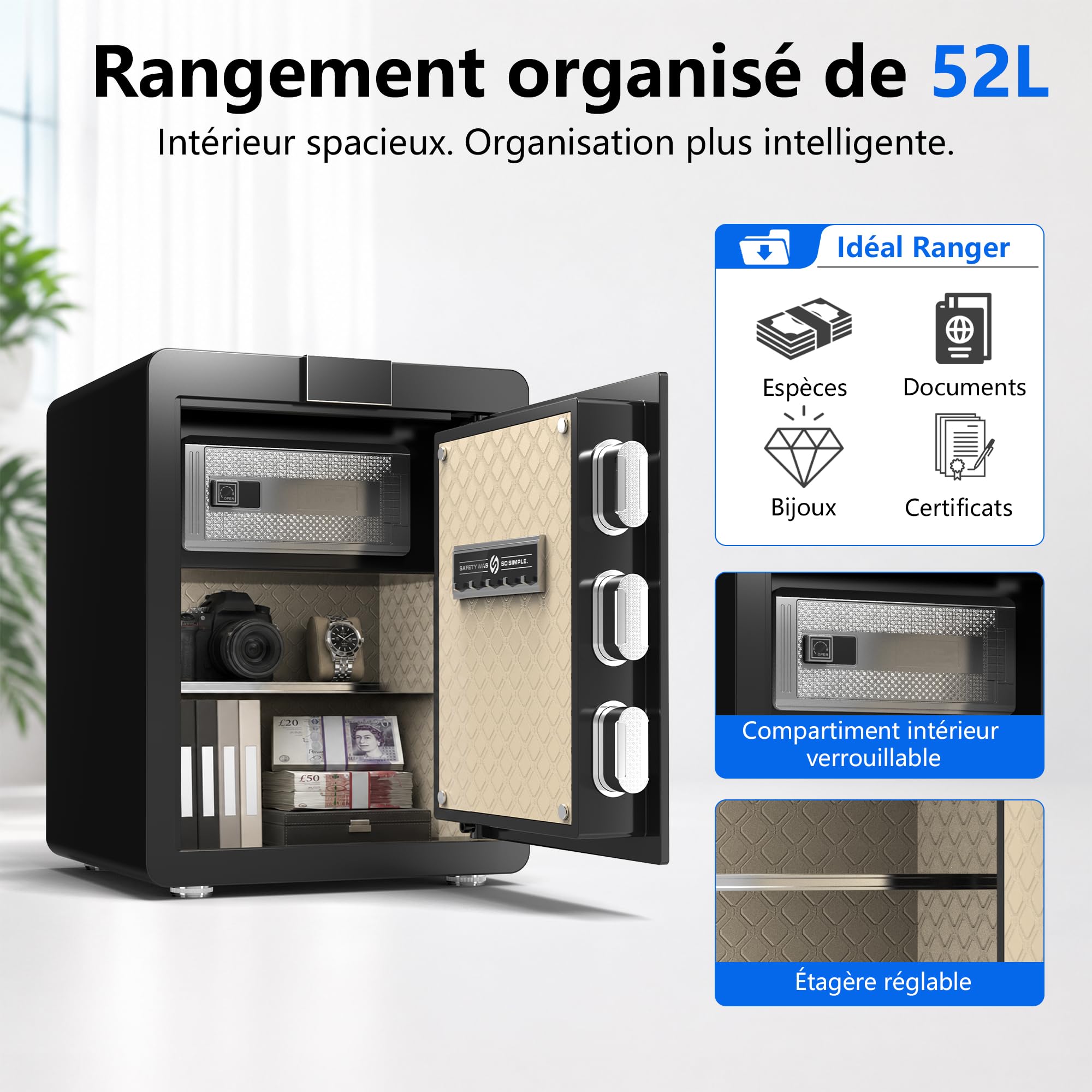 22KG Lourd Coffre Fort en Acier, 52L Coffre-fort Électronique avec Empreinte, Digitale Code et Clé, pour Maison et Bureau, Idéal pour Bijoux, Argent et Documents A4, Notice en Français (Noir,52L)