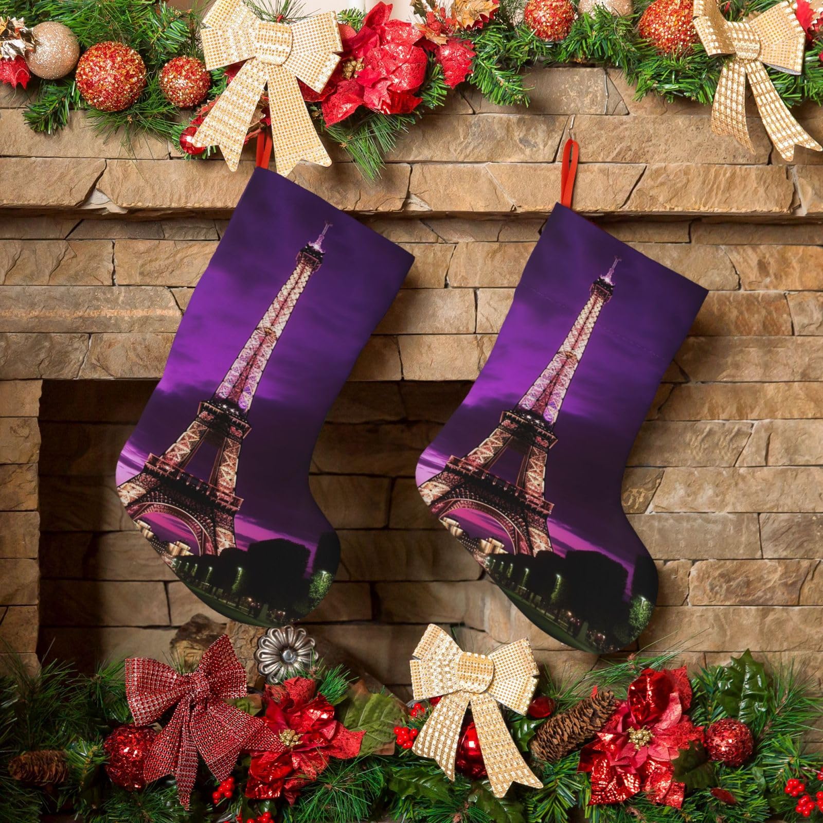 Purple Eiffel Tower Christmas Stockings 18 Inches Velvet Xmas Fireplace Hanging Stocking Rustic Christmas Santa Stockings for Home Christmas Decorations Party Favor Supplies
