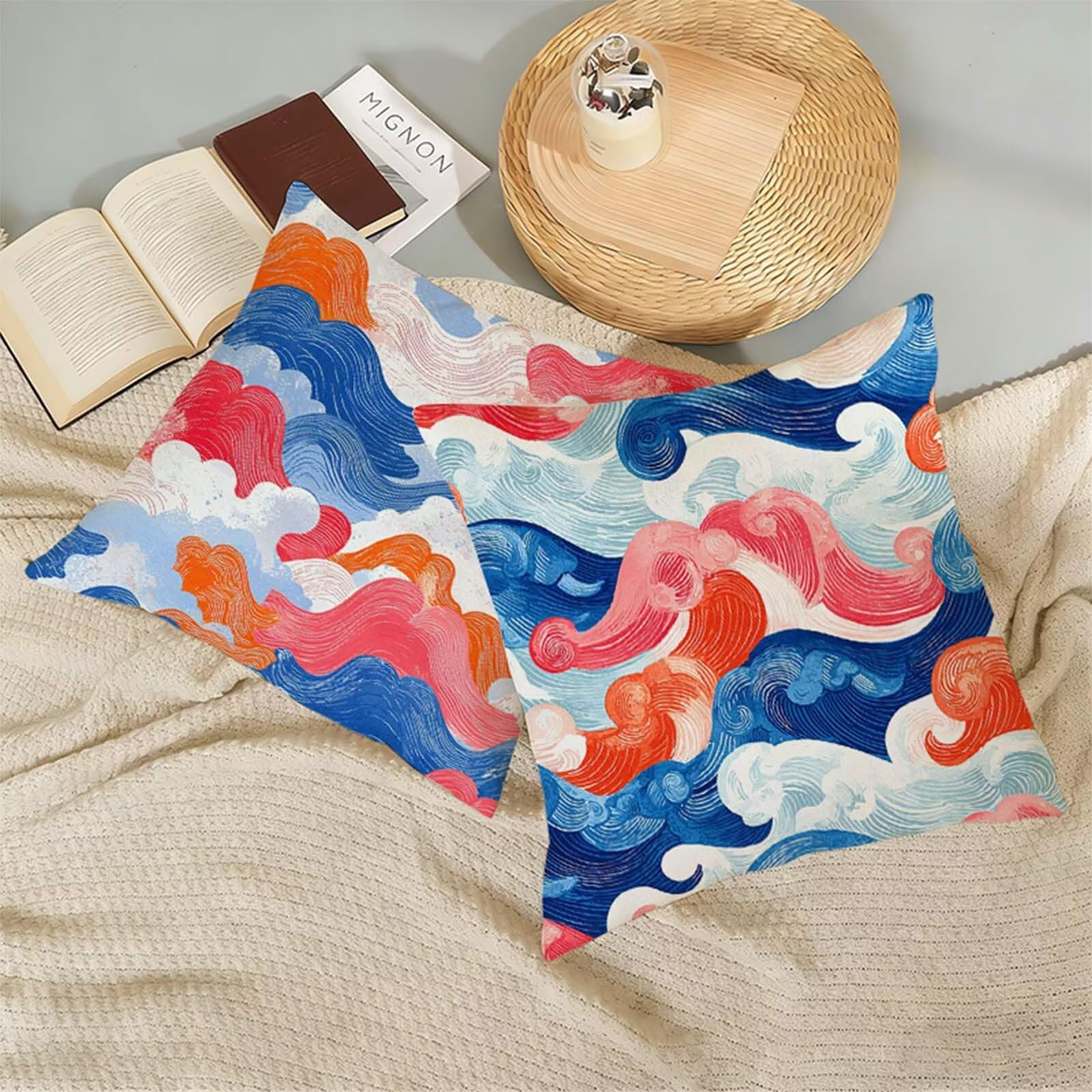 Juego de 2 Funda Cojin 80x80CM Azul, Cuadrada Impermeable Fundas Cojines Ondas Lino Impresión a Doble Cara con Cremallera Oculta, Apto para Todas las Estaciones Funda Almohada para Sofá o Salón X-257