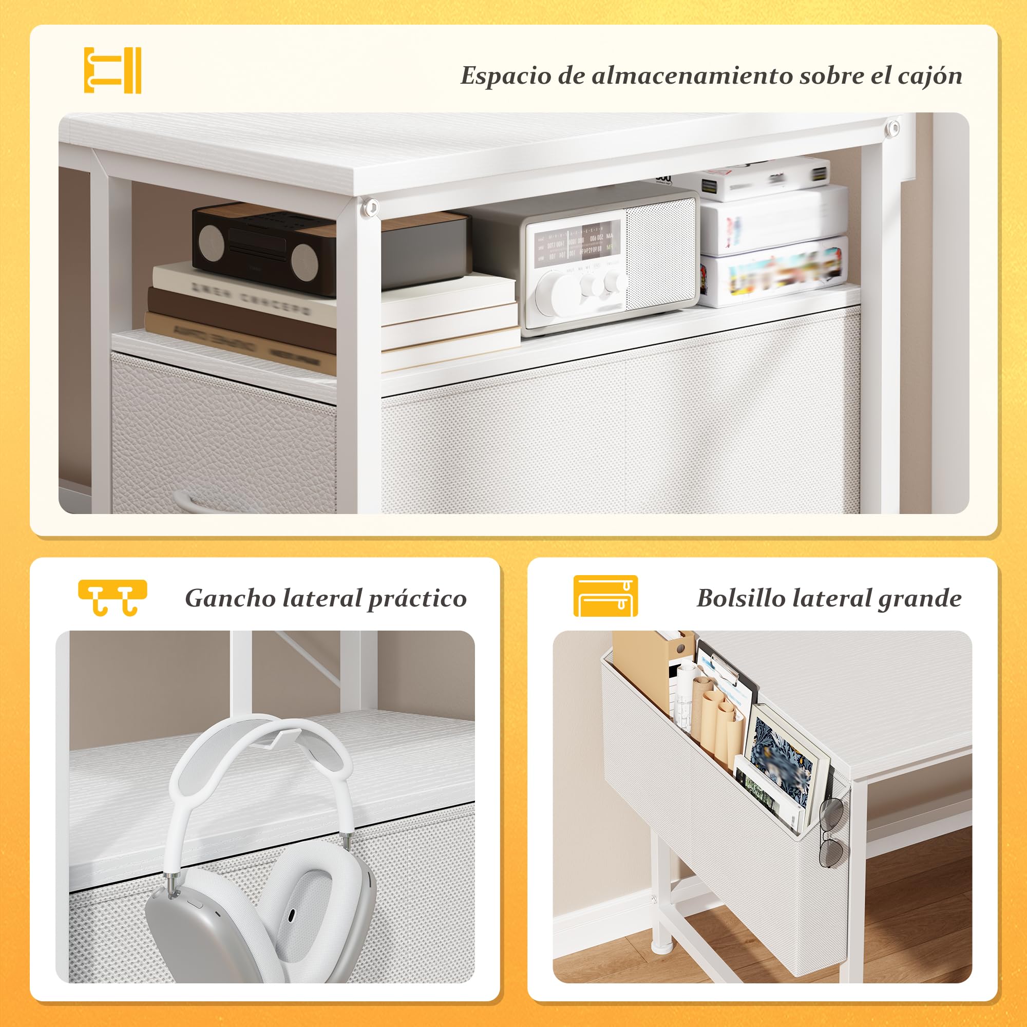 140x48 cm Rectangular Escritorio para Trabajo,Estudiar,Juegos,Blanco | Escritorio Gaming con 2 Cajones, 1 Organizador Colgante, Soporte para Monitor, 3 Altura ajustable, Gancho para Homeoficina