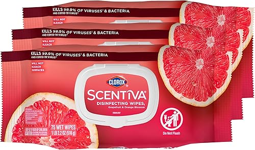 Miniatura 14 de Clorox Scentiva Wipes, toallitas de limpieza sin blanqueador, esenciales para el hogar, salpicaduras de pomelo de Tahití, 75 unidades (paquete de 3)