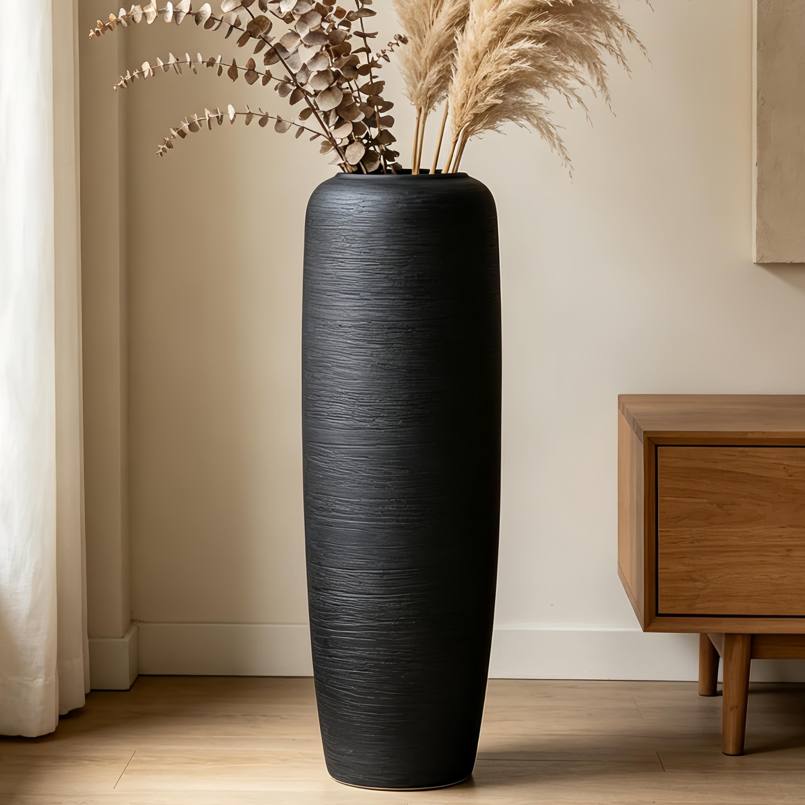 Grand vase noir en céramique rustique 60 cm pour fleurs séchées de salon