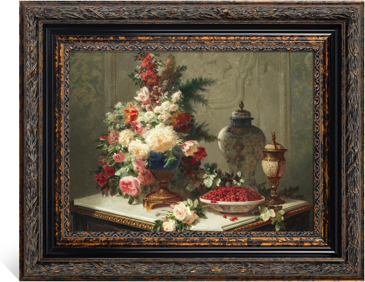 Antique French Painting Frame for 24x36 Stretched Canvas Board, 3.2” DIY Black Gold Heavy Wood Frame for Landscape Family Animal Memorial Portraits, Ornate Open Back Wall Frame, No Cover & Back