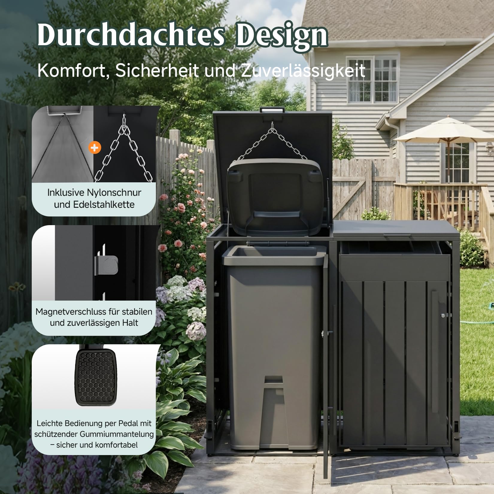 OMERAI Premium Mülltonnenbox 3er 240L mit Fußpedal - Anthrazit Verzinkter Stahl - Automatikdeckel mit Softclose & Schloss - Mülltonnenverkleidung wetterfest & UV-beständig Gerätebox - erweiterbar