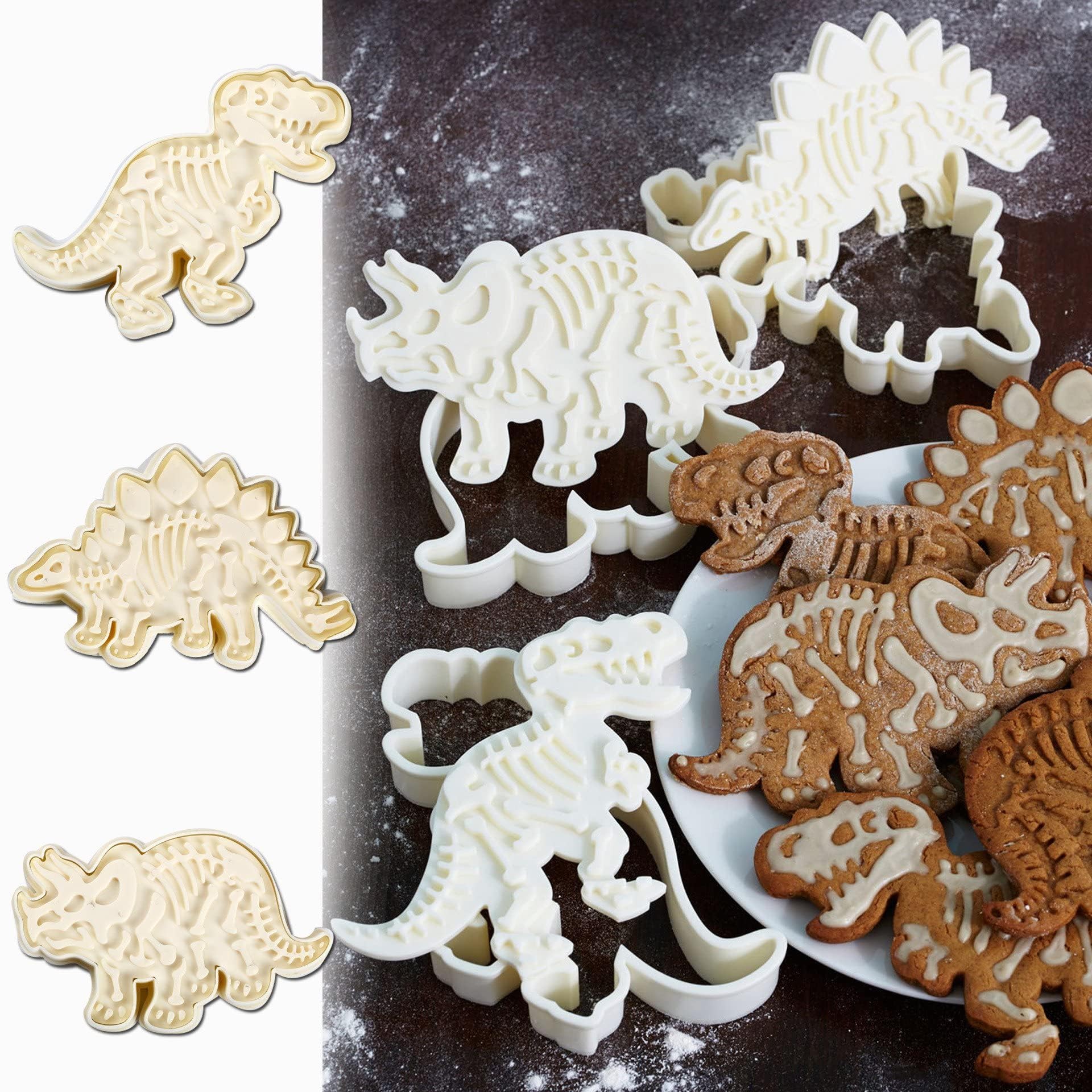 Tazweeq Dinosaur Cookie Mould, Dinosaur Cookie Cutters for Kids, 3D Skeleton Fossil Cookie Set, 3 Sets Dino Cookie Cutters With Skeleton Fossil