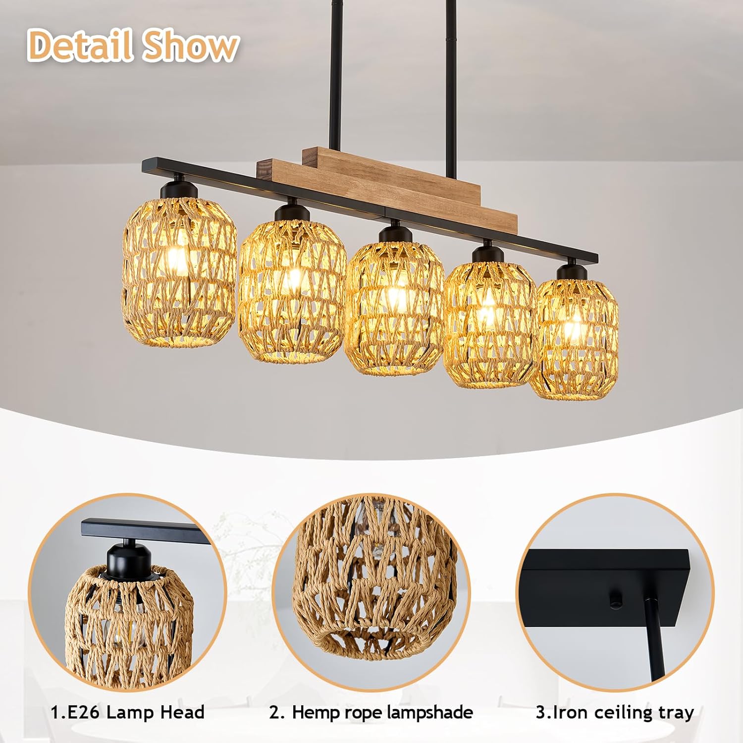 Dining Room Light Fixture 5 Light Large Rattan Kitchen Island Lighting with Boho Wicker Shade Chandelier Farmhouse Hanging Pendant Light for Living Room Bar Restaurant Bedroom
