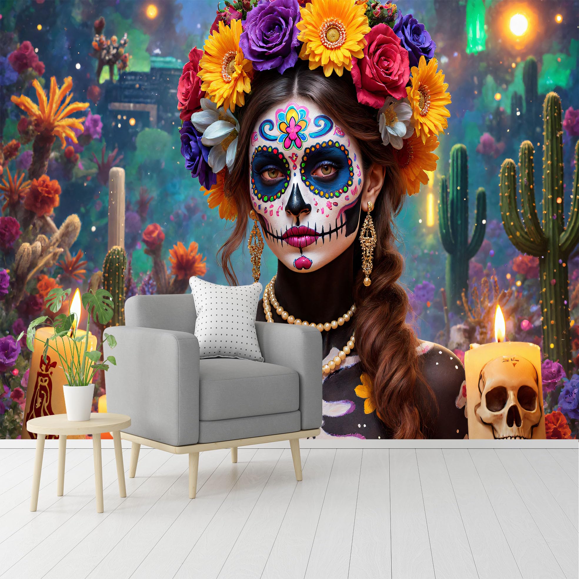 Custom Size Wall Murals,Day of the Dead Woman with Sugar Skull Makeup & Floral Attire,Self-Adhesive Removable Peel and Stick Wallpaper,for Living Room,Bedroom,Shop,Office,Kids