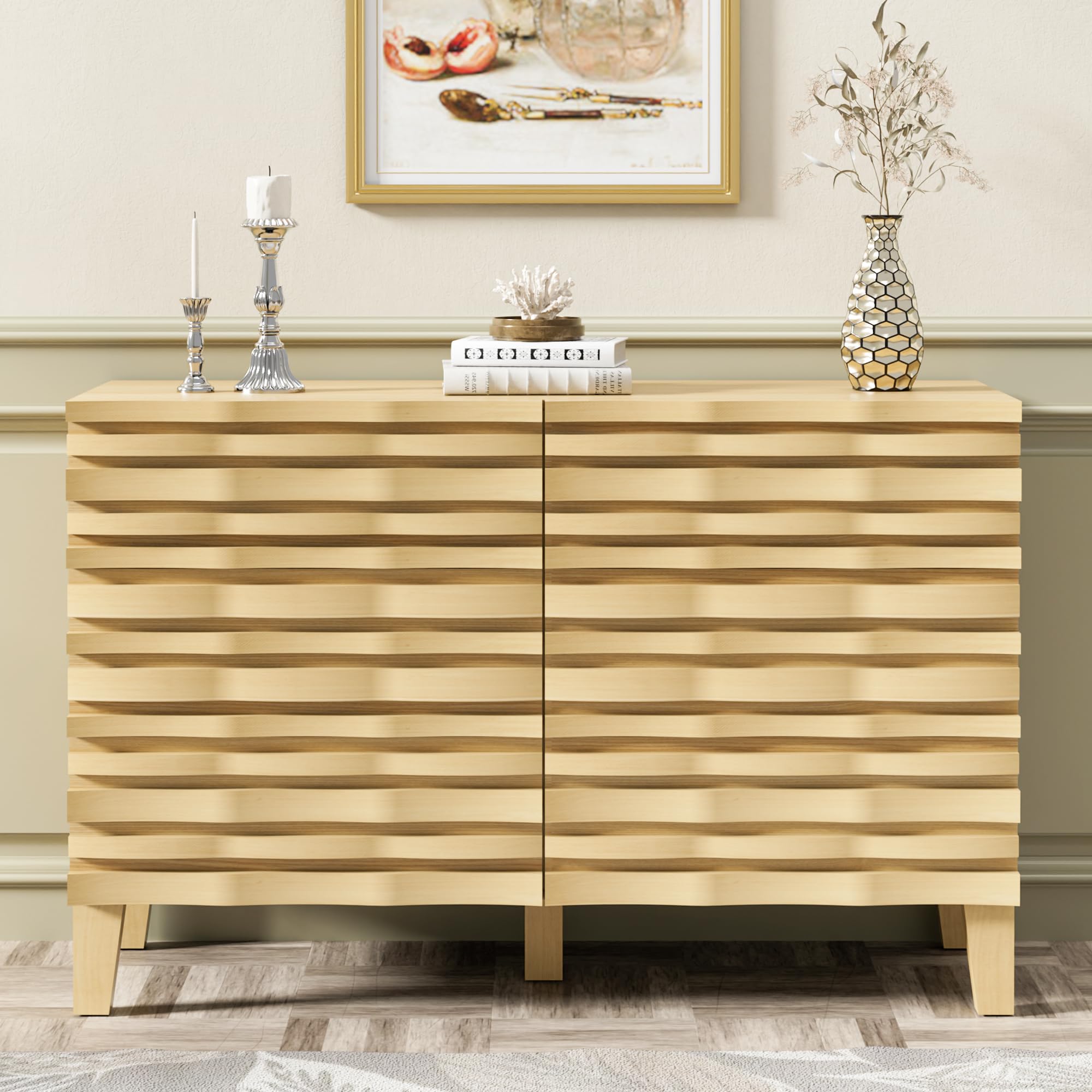 UEV Solid Wood 6 Drawer Dresser for Bedroom, Mid-Century Modern Chest of Drawers with Handmade Rhythmic Arc Line, Boho Style Fluted Dresser for Living