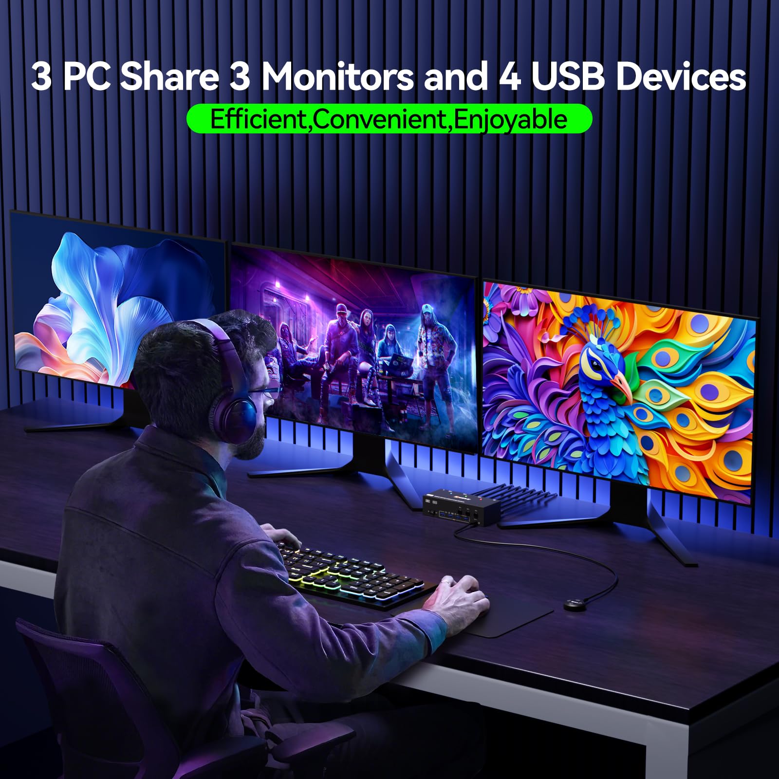 KVM Switch 3 Monitores 3 PC 8K@60Hz,4K@144Hz,HDMI Displayport Triple Monitor KVM Switch,3 Monitor Conmutador KVM con 4 Puertos USB 3.0 para Teclado y Ratón, Control Remoto y Adaptador DC/12V Incluidos