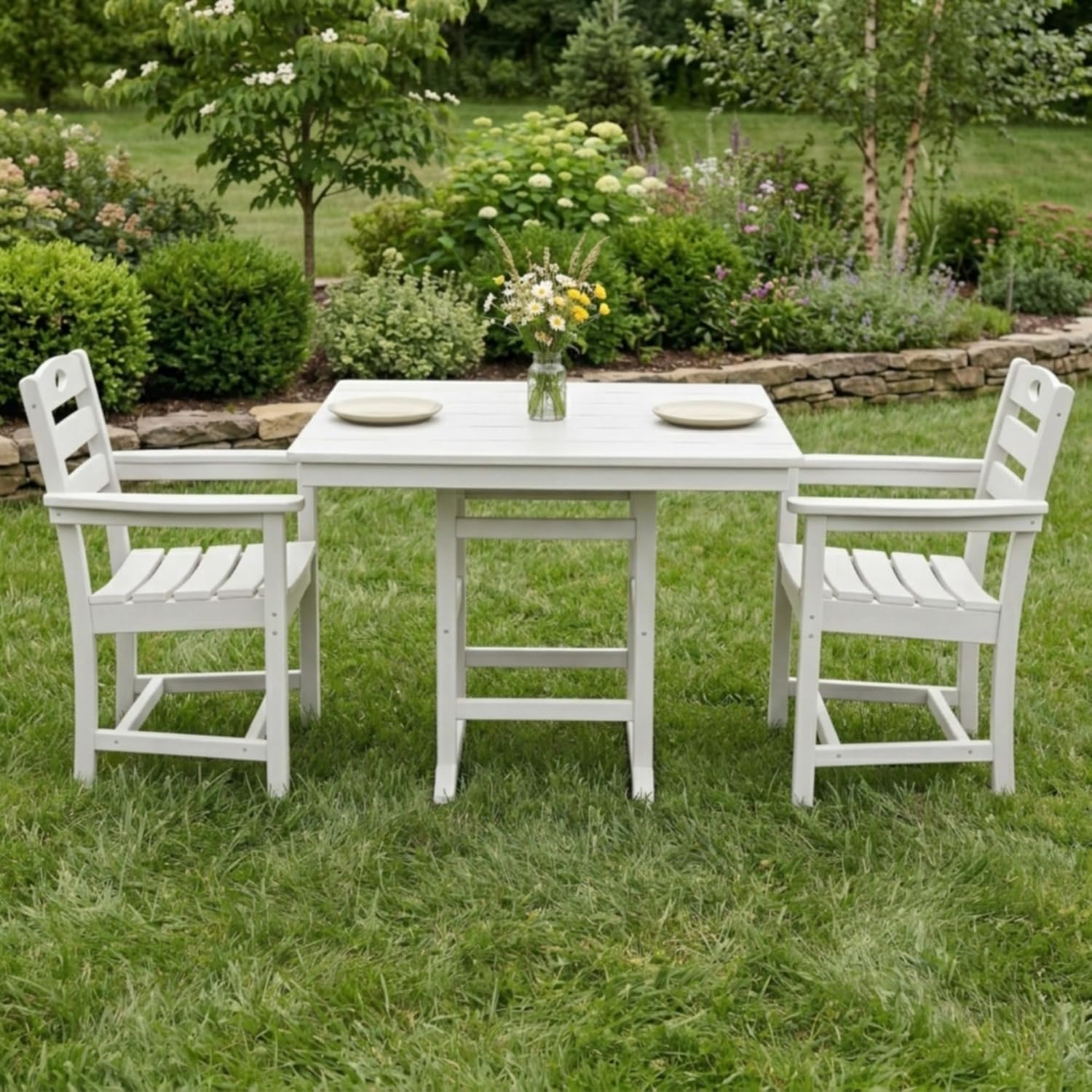 3-Piece HDPE Outdoor Dining Set with Square Table and Two Armchairs for Patio, Porch, Balcony, Backyard, Deck, Garden Seating, Bistro, Coffee Time, Casual Meals, Conversation